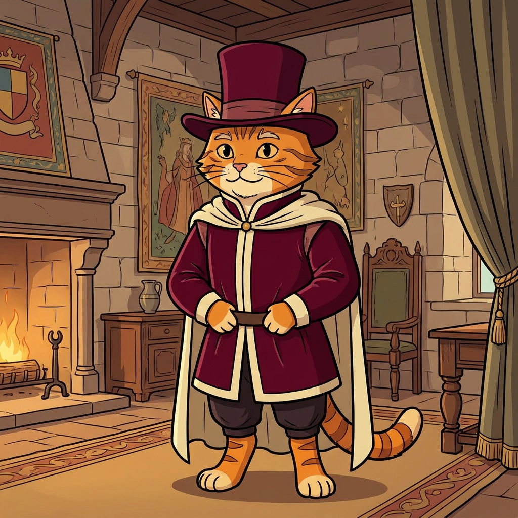 AI Design for cat in the promptbar is not a lion nor tiger just an inpiration for cats colours the cat description is the promptbar cats distant predcessors so use him as inspo .
🐱 Cedric Embermane
Colors:
clothes middle ages
Burgundy
Cream
Reason:
Warm, dependable, family-oriented. old wears a top hat dot eyes same style different clothes and is in a castle room TALL DUDE