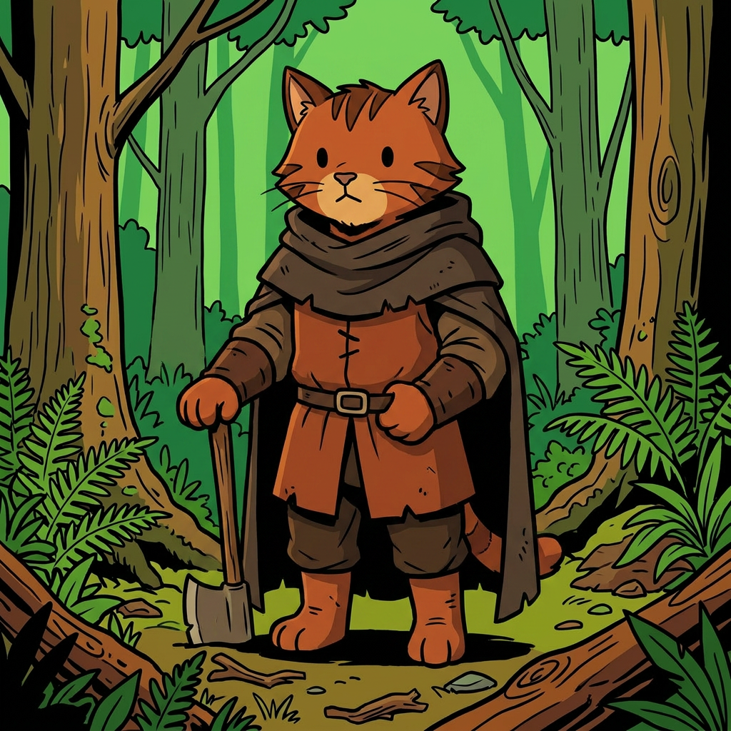 AI Design for cat in the promptbar is not a lion nor tiger just an inpiration for cats colours the cat description is the promptbar cats distant predcessors so use him as inspo .
same art syle speceies different height pose gender japer is the orange cat in prombar 🐱 Jasper's Father
Colors:
od clothes
Rust orange
Dark brown
Reason:
A hardworking, practical Embermane.
Reason:
Outdoorsy and adventurous.
dot eyes minimal shading simple colours middle ages and dot eyes.