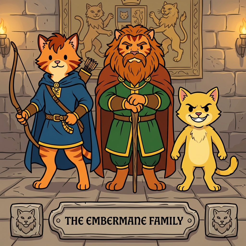 AI Design for the yellow cat does not have a maine and sir embermane the great sould not be in this photo put the charachters in a middle age room with walthazar in the middle and the boys like their sons and yellow cat has dot eyes like everyone else and has an evil grin