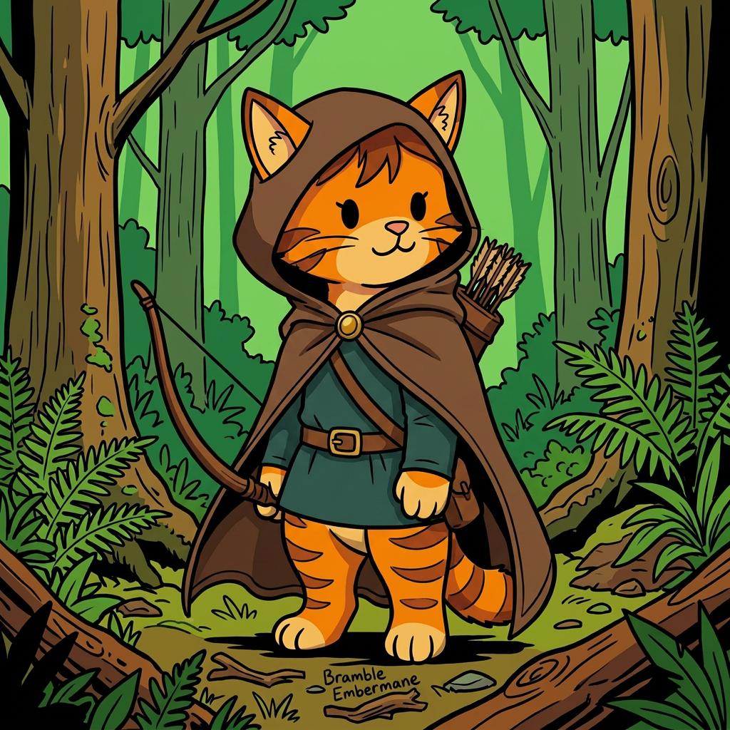 AI Design for cat in the promptbar is not a lion nor tiger just an inpiration for cats colours the cat description is the promptbar cats distant predcessors so use him as inspo .
same art syle speceies different height pose gender 🌲 Bramble Embermane
Colors:
of clothes
Dark teal
Brown
Reason:
Outdoorsy and adventurous.
dot eyes minimal shading simple colours middle ages and dot eyes.