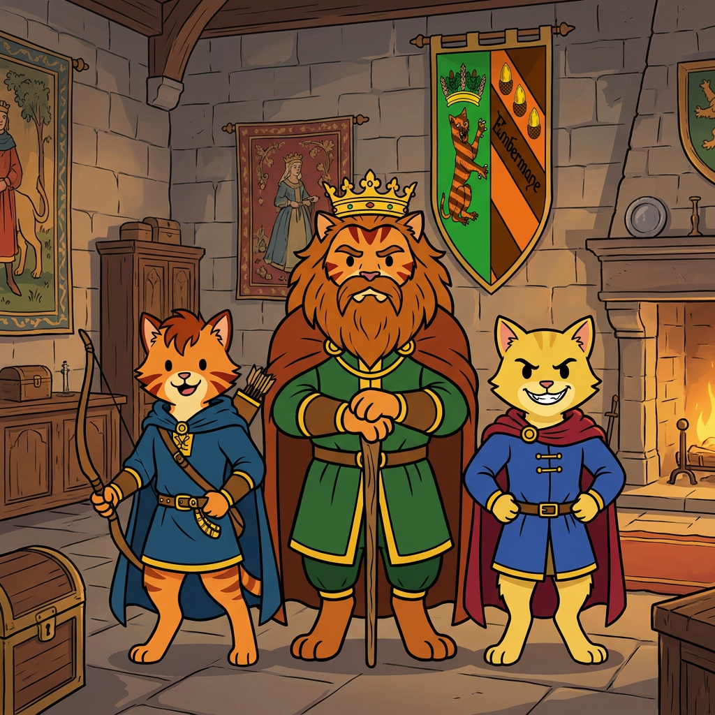 AI Design for the yellow cat does not have a maine and sir embermane the great sould not be in this photo put the charachters in a middle age room with walthazar in the middle and the boys like their sons and yellow cat has dot eyes like everyone else and has an evil grin no text the yellow cat IS NOT A LION and this should be a family photo with them only and this is their coat of arms in background