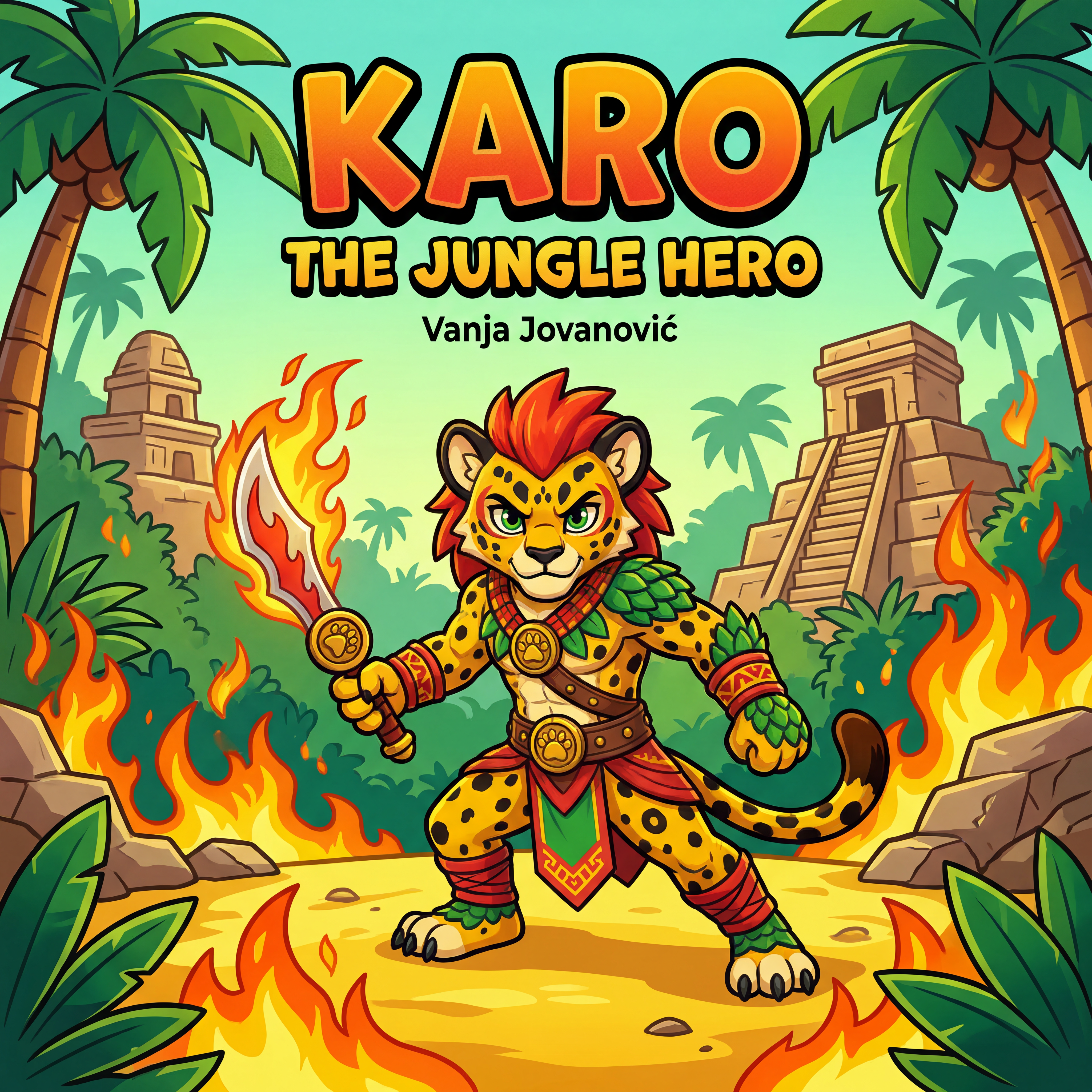 AI Design for book cover not to realisitc named karo the jungle hero name of author Vanja Jovanović and in the same cartoony art stzle like a dogman book or mario promo art art style with a jungle backdrop temples palm trees fire and karo is holding the fire sabre on the image also yellow bits like sand cool