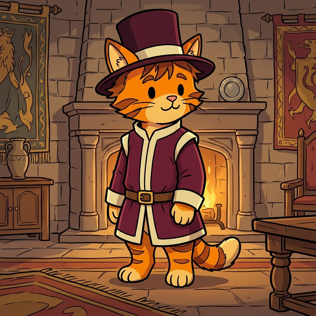 AI Design for cat in the promptbar is not a lion nor tiger just an inpiration for cats colours the cat description is the promptbar cats distant predcessors so use him as inspo .
🐱 Cedric Embermane
Colors:
clothes middle ages
Burgundy
Cream
Reason:
Warm, dependable, family-oriented. old wears a top hat dot eyes same style different clothes and is in a castle room