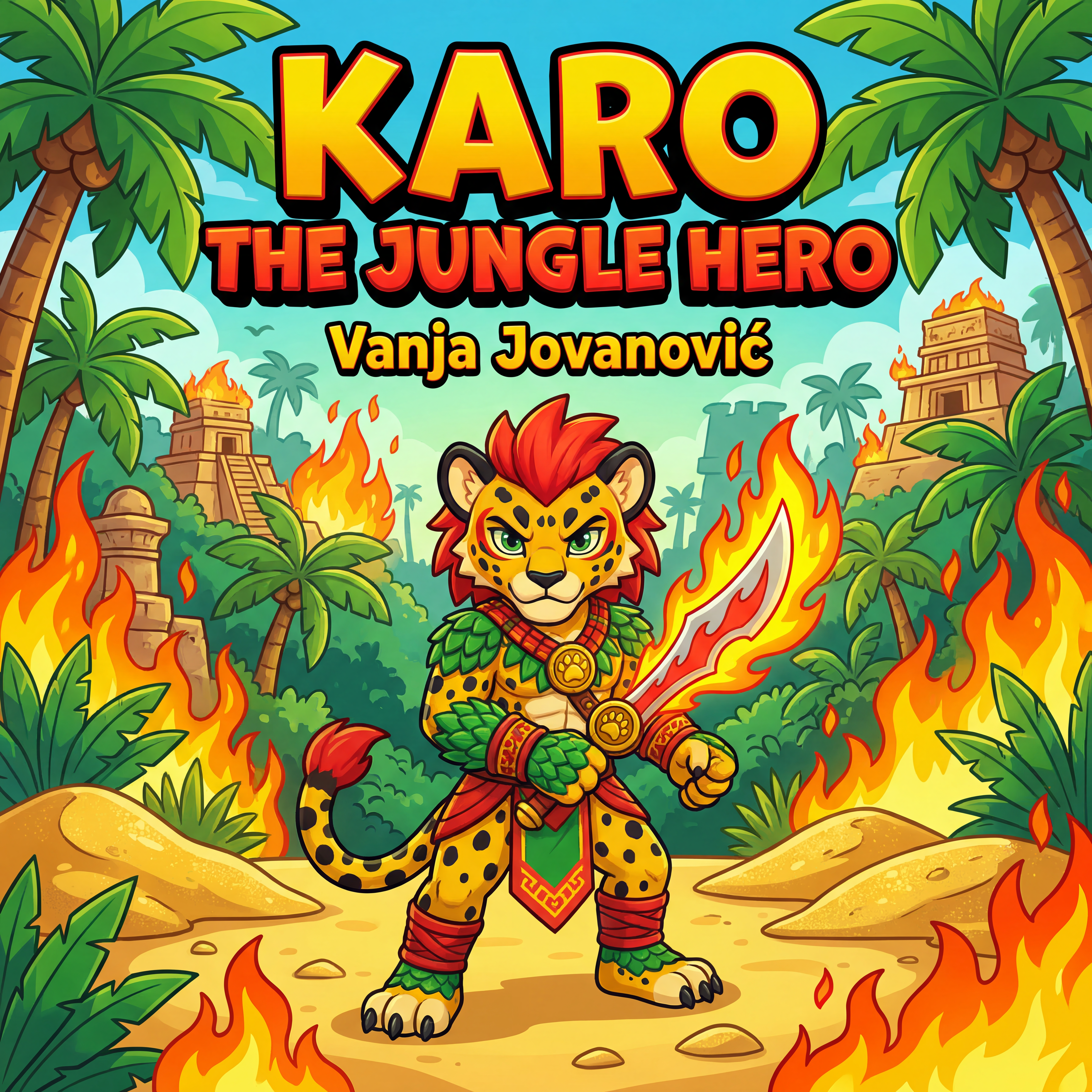 AI Design for book cover not to realisitc named karo the jungle hero name of author Vanja Jovanović and in the same cartoony art stzle like a dogman book or mario promo art art style with a jungle backdrop temples palm trees fire and karo is holding the fire sabre on the image also yellow bits like sand cool