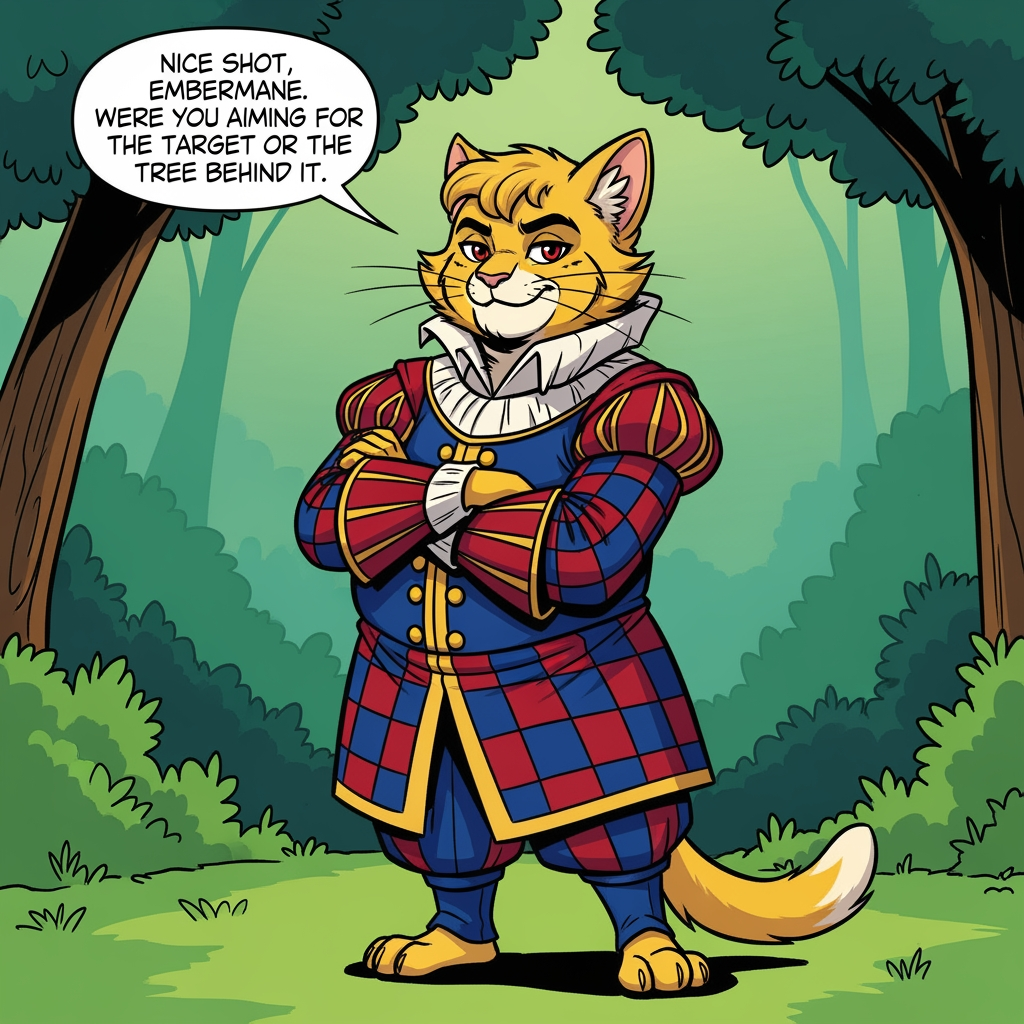 AI Design for # 🐱 Tristan Corvinhouse
If Jasper is the hero readers immediately want to root for...
**Tristan is the character they immediately want to roll their eyes at.**
Not because he's evil.
Not because he's a villain.
Because he's *annoying*.
And he knows it.
---
## First Impression
The first thing people notice about Tristan is that he's surprisingly small.
Not tiny.
Just slightly shorter than Jasper.
Which annoys him tremendously.
He wants to look grand.
Powerful.
Royal.
Important.
Instead, he's constantly trying to compensate.
---
## Fur
Like many members of House Corvinhouse, Tristan has:
🟡 Light golden-yellow fur
Almost like sunlight.
His fur is always well-groomed.
Always spotless.
Always perfect.
---
## Face
His most recognizable feature is his smile.
Not a warm smile.
Not a friendly smile.
A smug smile.
The kind that says:
> "I know something you don't."
Even when he absolutely doesn't.
---
## Eyes
🔴 Dark red eyes.
Sharp.
Expressive.
When he's teasing Jasper, they're full of mischief.
When he's embarrassed, they get wide.
When he's caught doing something stupid, he tries very hard to pretend he isn't embarrassed.
---
## Clothing
Tristan dresses like somebody who desperately wants everyone to remember he's royalty.
His outfit is:
🔵 Deep blue
🔴 Deep red
In a checkered pattern.
Rich fabrics.
Long sleeves.
Decorative buttons.
Fancy collars.
Everything is slightly more elaborate than necessary.
---
## Personality
Tristan loves attention.
Absolutely loves it.
If a room contains ten people, Tristan wants all ten people looking at him.
---
He constantly teases Jasper.
Not because he hates him.
Because Jasper is easy to tease.
And because Tristan secretly finds him interesting.
---
### Examples
Tristan:
> "Nice shot, Embermane. Were you aiming for the target or the tree behind it?"
Jasper:
> "I hit the target."
Tristan:
> "After three attempts."
---
He's that kind of character.
---
## His Biggest Flaw
He's insecure.
Deep down, Tristan feels like he has something to prove.
He's a prince.
He's expected to be impressive.
Expected to be confident.
Expected to be important.
Sometimes he's afraid he isn't.
So he hides that behind arrogance.
---
## His Biggest Strength
When things become serious...
Tristan shows up.
He complains.
He grumbles.
He acts like helping is beneath him.
Then he helps anyway.
---
## Pose
In illustrations:
👑 Standing dramatically
😏 Smirking
🫴 Gesturing while talking
🎭 Trying to look impressive
---
But occasionally:
😳 Looking embarrassed
😂 Laughing genuinely
😅 Being caught off guard
Those moments make readers like him.
---
## Silhouette
You'd recognize him instantly:
🐱 Smaller frame
👑 Royal clothing
🧥 Large sleeves
🎭 Confident pose
---
## Storybook Illustration Example
Imagine a chapter illustration.
Jasper has just won an archery competition.
The crowd is cheering.
Rufus is celebrating.
Ashen is playing music.
Pippa is clapping.
Milo is taking notes.
Shadow is drawing the event.
And standing nearby is Tristan.
Arms crossed.
Trying very hard not to look impressed.
Trying very hard not to smile.
Trying very hard not to admit that Jasper actually did a good job.
The illustration caption might as well read:
> "Tristan hated admitting when Jasper was right."
---
## The Feeling He Gives
Tristan isn't the villain.
He isn't the bully.
He isn't even really a rival in the traditional sense.
He's the prince who keeps trying to one-up Jasper, keeps getting dragged into adventures, and keeps accidentally becoming a better person along the way.
The kind of character who starts as:
> "Ugh, this guy."
And ends as:
> "Okay... maybe I like this guy."
😏👑🐱✨
more bolder comic book art szle lines in forest minimal shading vibrant colours onlz one version on the image bold black lines less detail like wrinklz lines more curvz and bolder thick lines he is the chubby kid prince and is short and a bit fat