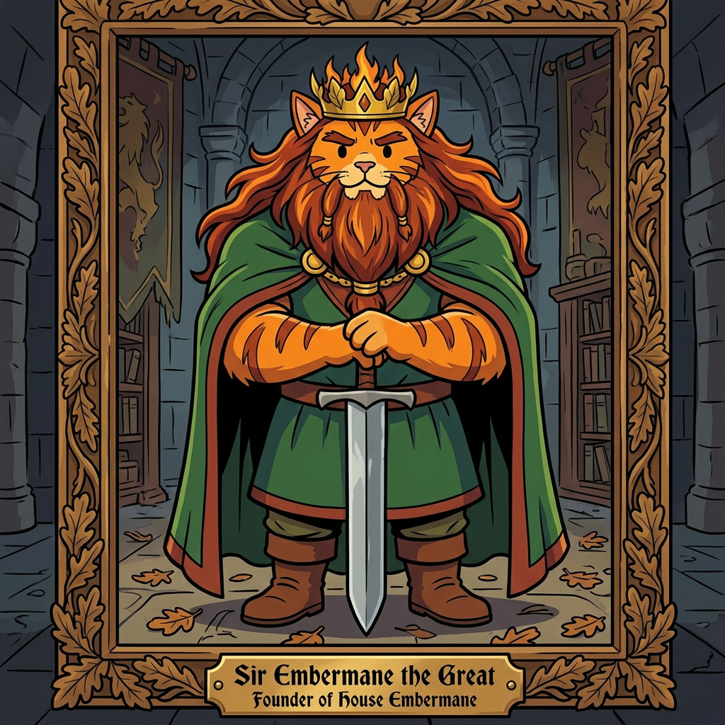 AI Design for # 👑 Sir Embermane the Great
If Jasper is the young dreamer of the family, then **Sir Embermane the Great** should look like the living legend who started it all.
In the Embermane Chronicles art style:
* Bold line art
* Simple coloring
* Minimal shading
* Dot eyes
* Strong, readable silhouette
His portrait should instantly tell the reader:
> "This is the ancestor everybody talks about."
---
## 🐱 Appearance
Sir Embermane the Great has the same basic fur colors as Jasper, showing the family resemblance immediately.
* Orange tabby fur
* Red-brown cheek stripes
* Red-brown markings on the arms and legs
* Red-brown ear tips
The resemblance should be obvious enough that readers can immediately see:
> "Jasper came from this family."
---
## 🔥 Mane and Beard
This is his most striking feature.
Unlike Jasper's smaller mane-like hair, Sir Embermane has:
* A massive ember-colored mane
* Deep red-brown mixed with fiery orange
* Flowing down past his shoulders
And an equally impressive beard:
* Long
* Thick
* Well-kept
* Split slightly near the bottom
The beard should make him look wise and ancient.
The mane should make him look powerful.
Together they create the image of a lion-like king.
---
## 👑 Crown
His crown should be recognizable throughout the series.
Not huge.
Not covered in jewels.
Instead:
* Thick gold band
* Leaf-inspired shapes
* Flame-like points rising upward
Almost as if the crown itself was inspired by the name *Embermane*.
Simple enough to be drawn repeatedly.
Iconic enough to become a symbol.
---
## 💪 Build
Sir Embermane is enormous.
Not just tall.
Broad.
Powerful.
The biggest Embermane portrait in the gallery.
Wide shoulders.
Strong arms.
Barrel chest.
The kind of figure who fills an entire doorway.
Even standing still, he looks formidable.
---
## 👘 Clothing
Royal but practical.
Not overloaded with decorations.
A deep green royal cloak.
Red-brown trim around the edges.
Large golden clasp at the neck.
Underneath:
* Tunic
* Belt
* Boots
Everything designed to support the silhouette rather than distract from it.
---
## ⚔️ Pose
This is where the portrait becomes memorable.
He stands perfectly upright.
Feet planted firmly.
Both hands resting on the pommel of a great sword.
The sword points downward.
Its tip touches the ground.
The blade stands directly in front of him.
A classic kingly pose.
Calm.
Confident.
Unmovable.
Like a statue.
---
## 😐 Expression
Not smiling.
Not angry.
A calm, commanding expression.
The look of somebody who has:
* Won wars
* Built kingdoms
* Made difficult choices
Yet remains composed.
The dot eyes should still be simple, but the eyebrows and posture do most of the work.
---
## 🖼️ Portrait Composition
Imagine Jasper discovering this portrait in the library.
The portrait hangs higher than the others.
Large ornate frame.
Oak leaves carved into the border.
Embermane crest beneath it.
The painting shows Sir Embermane standing tall with his sword.
Looking directly outward.
As though he is watching over every generation that came after him.
Beneath the portrait:
**Sir Embermane the Great**
*Founder of House Embermane*
And even before Jasper reads a single word, he immediately thinks:
> "I want to be like him."
That's the feeling the portrait should give. 👑⚔️🐱🔥📖
jasper is cat in promptbar.