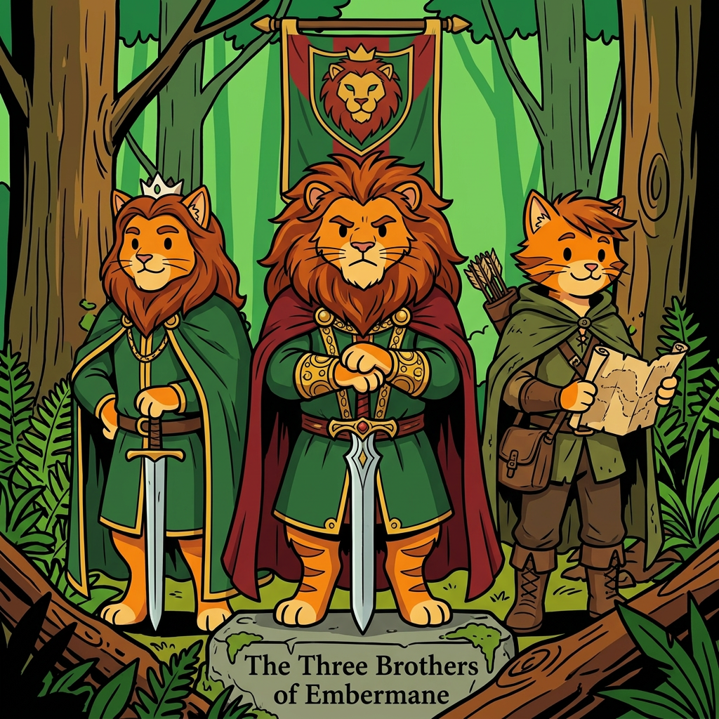 AI Design for Assuming we're talking about the **Three Brothers** who shaped the future of House Embermane—**Jonathan, Henry, and Walphazar Embermane**—I'd make them look like they clearly belong to the same family as Sir Embermane the Great, but each represents a different path.
All in the same style:
* Bold line art
* Dot eyes
* Minimal shading
* Simple coloring
* Storybook proportions
* Family resemblance visible immediately
---
# 👑 Jonathan Embermane
### The Noble Brother
Jonathan is the eldest.
When people see him, they immediately think:
> "That looks like a king."
### Appearance
* Orange tabby fur
* Red-brown cheek stripes
* Broad shoulders
* Tall but not as massive as Sir Embermane
### Hair
* Neatly groomed red-brown mane
* Shoulder length
* Well-maintained
### Clothing
🟢 Deep green royal cloak
🟡 Gold trim
👑 Simple crown
His clothes are elegant without being flashy.
### Expression
Calm.
Responsible.
The type of cat who thinks before speaking.
### Pose
Standing upright.
One paw resting on the hilt of a ceremonial sword.
The other behind his back.
Very formal.
Very regal.
---
# 🦅 Henry Embermane
### The Adventurer
Henry is the explorer.
The wanderer.
The brother who was always looking beyond the horizon.
### Appearance
* Slightly leaner build
* Athletic
* Tall
### Hair
* Messier mane
* Wind-swept look
* Slightly shorter than Jonathan's
### Clothing
🌲 Green travel cloak
🟤 Brown boots
🏹 Archer gear
🗺 Travel satchel
He looks ready to leave for an adventure at any moment.
### Expression
Friendly smile.
Curious eyes.
Always looks like he's thinking:
> "I wonder what's over that hill."
### Pose
Holding a rolled map.
One foot slightly forward.
As if he might start walking at any moment.
---
# 🔥 Walphazar Embermane
### The Ambitious Brother
Walphazar is the most intimidating.
Not evil.
But intense.
The brother who wanted more.
### Appearance
* Largest of the three brothers
* Broad chest
* Strong jaw
Almost approaching Sir Embermane's size.
### Hair
Huge ember-colored mane.
Much larger than his brothers'.
A symbol of pride and power.
### Clothing
🔴 Dark red royal cape
🟢 Green royal tunic
🟡 Heavy gold decorations
His clothing is more elaborate than Jonathan's.
He wants people to notice him.
### Expression
Serious.
Determined.
Confident.
The type of cat who enters a room and immediately takes control.
### Pose
Standing with both hands resting on a large sword.
Similar to Sir Embermane.
Showing that he admired the founder greatly.
### Impression
Readers should immediately think:
> "This is the brother who changed everything."
---
# 🖼️ The Three Brothers Portrait
The coolest image might actually be all three together.
Jonathan on the left.
Henry on the right.
Walphazar in the center.
All wearing different variations of Embermane colors:
🟢 Green
🔴 Red-brown
🟡 Gold
Behind them hangs the Embermane banner.
Beneath them:
**The Three Brothers of Embermane**
The image should feel important because these three are the reason the family history became so complicated in the first place. Their choices shaped everything that happens generations later—including Jasper's story. 📖👑🔥🏹🐱 jasper is the cat in the prompt bar