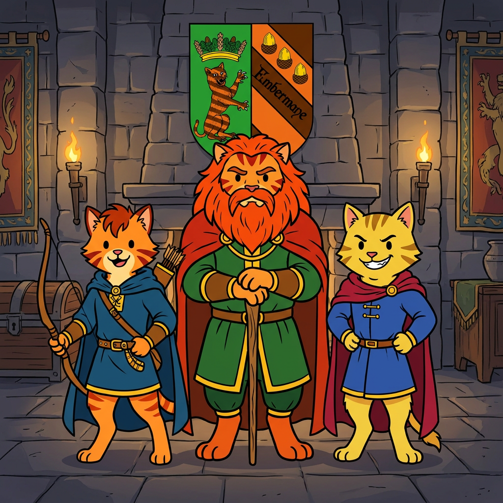 AI Design for the yellow cat does not have a maine and sir embermane the great sould not be in this photo put the charachters in a middle age room with walthazar in the middle and the boys like their sons and yellow cat has dot eyes like everyone else and has an evil grin no text the yellow cat IS NOT A LION and this should be a family photo with them only and this is their coat of arms in background