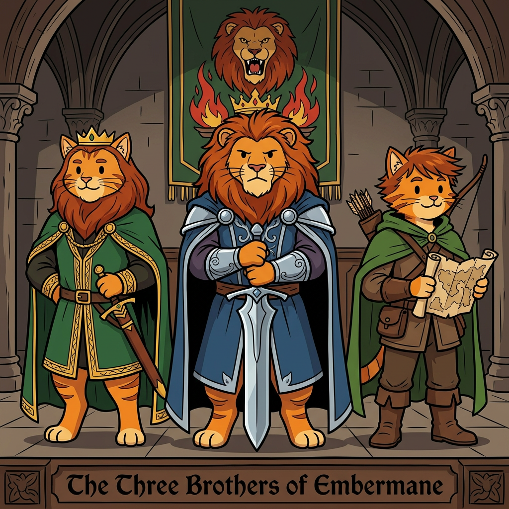 AI Design for Assuming we're talking about the **Three Brothers** who shaped the future of House Embermane—**Jonathan, Henry, and Walphazar Embermane**—I'd make them look like they clearly belong to the same family as Sir Embermane the Great, but each represents a different path.
All in the same style:
* Bold line art
* Dot eyes
* Minimal shading
* Simple coloring
* Storybook proportions
* Family resemblance visible immediately
---
# 👑 Jonathan Embermane
### The Noble Brother
Jonathan is the eldest.
When people see him, they immediately think:
> "That looks like a king."
### Appearance
* Orange tabby fur
* Red-brown cheek stripes
* Broad shoulders
* Tall but not as massive as Sir Embermane
### Hair
* Neatly groomed red-brown mane
* Shoulder length
* Well-maintained
### Clothing
🟢 Deep green royal cloak
🟡 Gold trim
👑 Simple crown
His clothes are elegant without being flashy.
### Expression
Calm.
Responsible.
The type of cat who thinks before speaking.
### Pose
Standing upright.
One paw resting on the hilt of a ceremonial sword.
The other behind his back.
Very formal.
Very regal.
---
# 🦅 Henry Embermane
### The Adventurer
Henry is the explorer.
The wanderer.
The brother who was always looking beyond the horizon.
### Appearance
* Slightly leaner build
* Athletic
* Tall
### Hair
* Messier mane
* Wind-swept look
* Slightly shorter than Jonathan's
### Clothing
🌲 Green travel cloak
🟤 Brown boots
🏹 Archer gear
🗺 Travel satchel
He looks ready to leave for an adventure at any moment.
### Expression
Friendly smile.
Curious eyes.
Always looks like he's thinking:
> "I wonder what's over that hill."
### Pose
Holding a rolled map.
One foot slightly forward.
As if he might start walking at any moment.
---
# 🔥 Walphazar Embermane
### The Ambitious Brother
Walphazar is the most intimidating.
Not evil.
But intense.
The brother who wanted more.
### Appearance
* Largest of the three brothers
* Broad chest
* Strong jaw
Almost approaching Sir Embermane's size.
### Hair
Huge ember-colored mane.
Much larger than his brothers'.
A symbol of pride and power.
### Clothing
blue silver
His clothing is more elaborate than Jonathan's.
He wants people to notice him.
### Expression
Serious.
Determined.
Confident.
The type of cat who enters a room and immediately takes control.
### Pose
Standing with both hands resting on a large sword.
Similar to Sir Embermane.
Showing that he admired the founder greatly.
### Impression
Readers should immediately think:
> "This is the brother who changed everything."
---
# 🖼️ The Three Brothers Portrait
The coolest image might actually be all three together.
Jonathan on the left.
Henry on the right.
Walphazar in the center.
All wearing different variations of Embermane colors:
🔴 Red-brown
🟡 Gold
Behind them hangs the Embermane banner.
Beneath them:
**The Three Brothers of Embermane**
The image should feel important because these three are the reason the family history became so complicated in the first place. Their choices shaped everything that happens generations later—including Jasper's story. 📖👑🔥🏹🐱 jasper is the cat in the prompt bar but dont include him just replicate the art syle