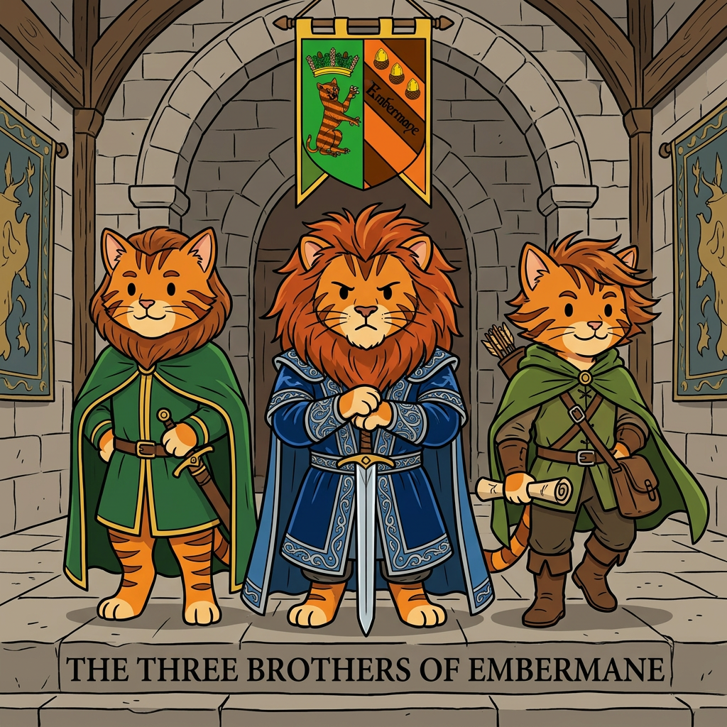 AI Design for Assuming we're talking about the **Three Brothers** who shaped the future of House Embermane—**Jonathan, Henry, and Walphazar Embermane**—I'd make them look like they clearly belong to the same family as Sir Embermane the Great, but each represents a different path.
All in the same style:
* Bold line art
* Dot eyes
* Minimal shading
* Simple coloring
* Storybook proportions
* Family resemblance visible immediately
---
# 👑 Jonathan Embermane
### The Noble Brother
Jonathan is the eldest.
When people see him, they immediately think:
> "That looks like a king."
### Appearance
* Orange tabby fur
* Red-brown cheek stripes
* Broad shoulders
* Tall but not as massive as Sir Embermane
### Hair
* Neatly groomed red-brown mane
* Shoulder length
* Well-maintained
### Clothing
🟢 Deep green royal cloak
🟡 Gold trim
👑 Simple crown
His clothes are elegant without being flashy.
### Expression
Calm.
Responsible.
The type of cat who thinks before speaking.
### Pose
Standing upright.
One paw resting on the hilt of a ceremonial sword.
The other behind his back.
Very formal.
Very regal.
---
# 🦅 Henry Embermane
### The Adventurer
Henry is the explorer.
The wanderer.
The brother who was always looking beyond the horizon.
### Appearance
* Slightly leaner build
* Athletic
* Tall
### Hair
* Messier mane
* Wind-swept look
* Slightly shorter than Jonathan's
### Clothing
🌲 Green travel cloak
🟤 Brown boots
🏹 Archer gear
🗺 Travel satchel
He looks ready to leave for an adventure at any moment.
### Expression
Friendly smile.
Curious eyes.
Always looks like he's thinking:
> "I wonder what's over that hill."
### Pose
Holding a rolled map.
One foot slightly forward.
As if he might start walking at any moment.
---
# 🔥 Walphazar Embermane
### The Ambitious Brother
Walphazar is the most intimidating.
Not evil.
But intense.
The brother who wanted more.
### Appearance
* Largest of the three brothers
* Broad chest
* Strong jaw
Almost approaching Sir Embermane's size.
### Hair
Huge ember-colored mane.
Much larger than his brothers'.
A symbol of pride and power.
### Clothing
blue silver
His clothing is more elaborate than Jonathan's.
He wants people to notice him.
### Expression
Serious.
Determined.
Confident.
The type of cat who enters a room and immediately takes control.
### Pose
Standing with both hands resting on a large sword.
Similar to Sir Embermane.
Showing that he admired the founder greatly.
### Impression
Readers should immediately think:
> "This is the brother who changed everything."
---
# 🖼️ The Three Brothers Portrait
The coolest image might actually be all three together.
Jonathan on the left.
Henry on the right.
Walphazar in the center.
All wearing different variations of Embermane colors:
🔴 Red-brown
🟡 Gold
Behind them hangs the Embermane banner.
Beneath them:
**The Three Brothers of Embermane**
The image should feel important because these three are the reason the family history became so complicated in the first place. Their choices shaped everything that happens generations later—including Jasper's story. 📖👑🔥🏹🐱 jasper is the cat in the prompt bar but dont include him just replicate the art syle cats not lions CATS TABBY ORANGE BROWN KITTENS