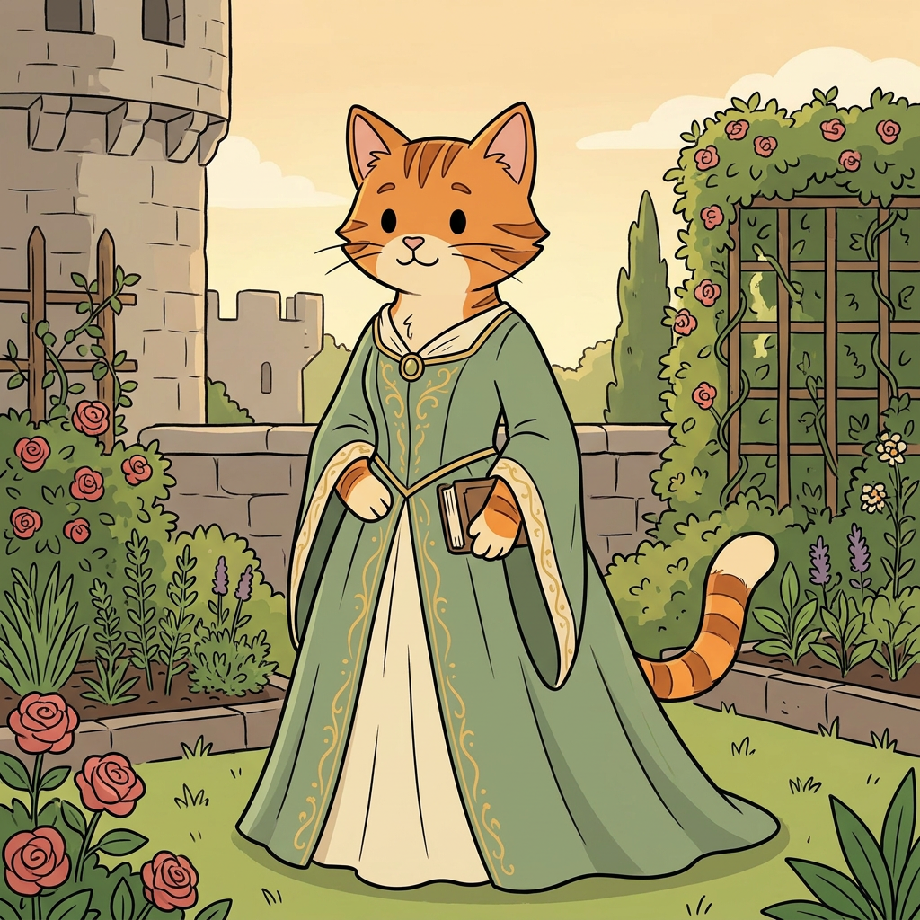 AI Design for cat in the promptbar is not a lion nor tiger just an inpiration for cats colours the cat description is the promptbar cats distant predcessors so use him as inspo .
same art syle speceies different height pose gender 🌿 Hazel Embermane
Colors:
of clothes
Sage green
Cream
Soft gold
Reason:
Gentle and wise. in castle garden dot eyes minimal shading simple colours middle ages and dot eyes
