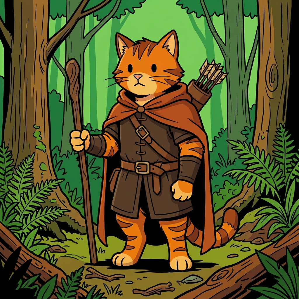 AI Design for cat in the promptbar is not a lion nor tiger just an inpiration for cats colours the cat description is the promptbar cats distant predcessors so use him as inspo .
same art syle speceies different height pose gender japer is the orange cat in prombar 🐱 Jasper's Father
Colors:
od clothes
Rust orange
Dark brown
Reason:
A hardworking, practical Embermane.
Reason:
Outdoorsy and adventurous.
dot eyes minimal shading simple colours middle ages and dot eyes.