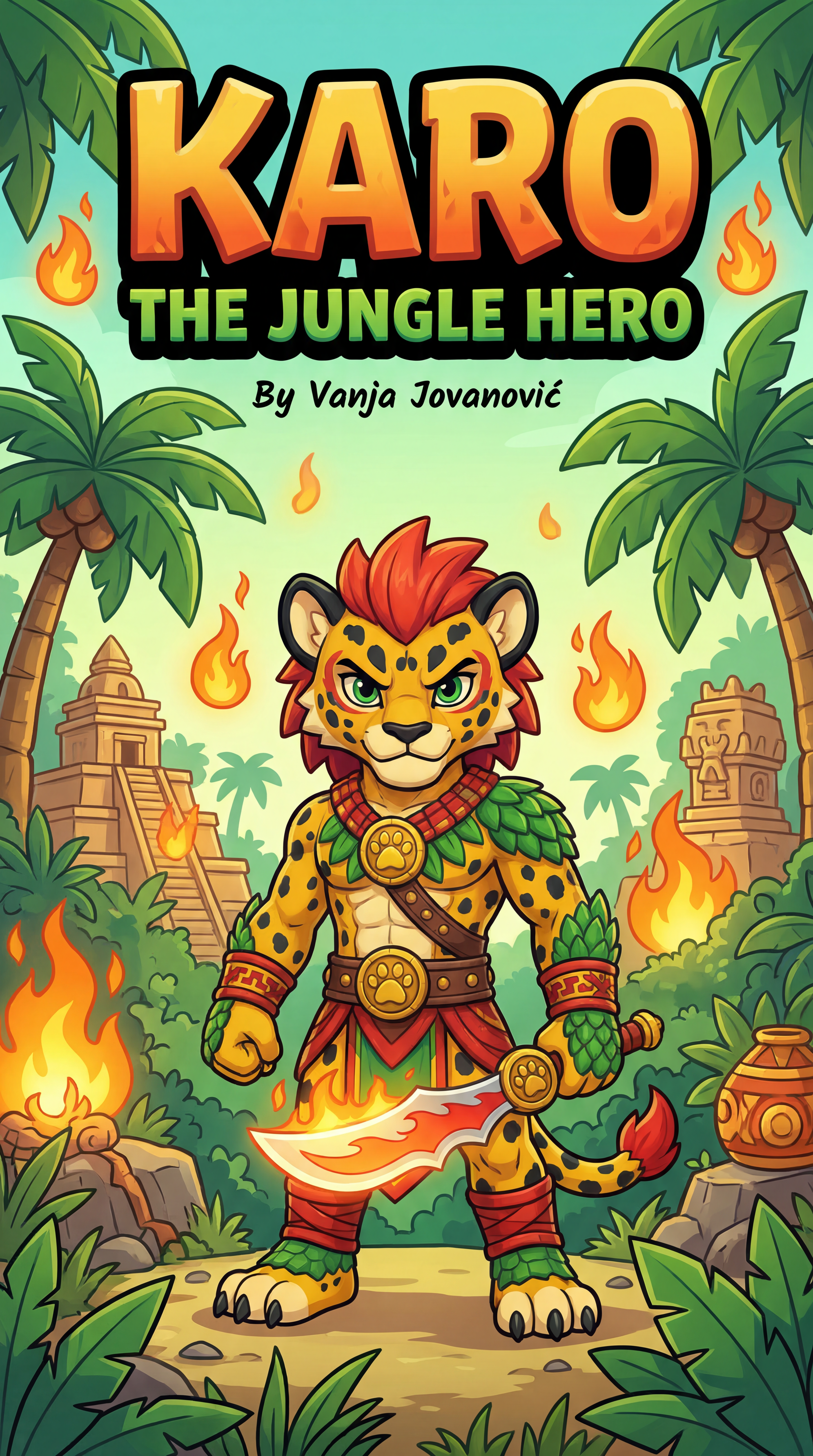 AI Design for book cover not to realisitc named karo the jungle hero name of author Vanja Jovanović and in the same cartoony art stzle like a dogman book or mario promo art art style with a jungle backdrop temples palm trees fire and karo is holding the fire sabre on the image