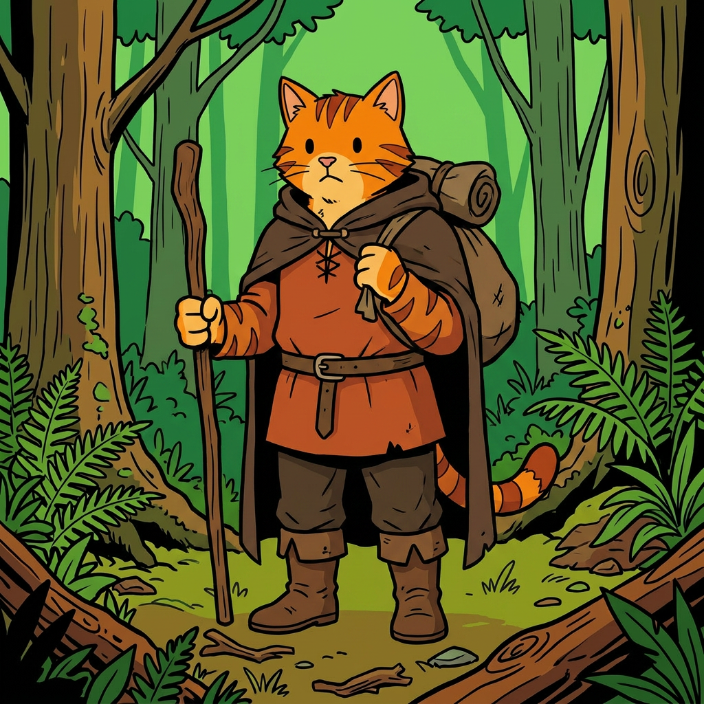 AI Design for cat in the promptbar is not a lion nor tiger just an inpiration for cats colours the cat description is the promptbar cats distant predcessors so use him as inspo .
same art syle speceies different height pose gender japer is the orange cat in prombar 🐱 Jasper's Father
he is orange with brownish red .
Colors:
od clothes+
Rust orange
Dark brown
Reason:
A hardworking, practical Embermane.
Reason:
Outdoorsy and adventurous.
dot eyes minimal shading simple colours middle ages and dot eyes.