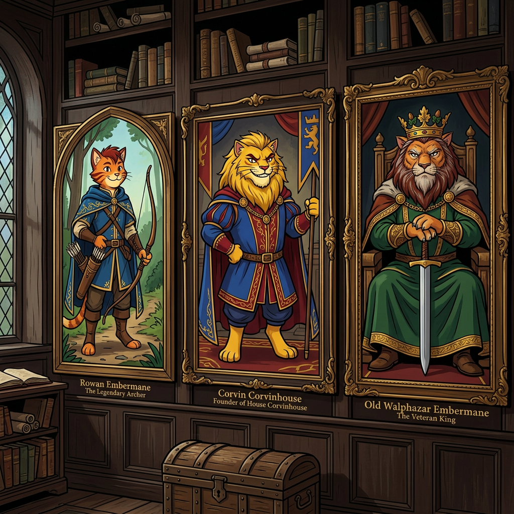 AI Design for in same art syle Perfect. You're starting to build the **portrait gallery** that Jasper would see in the Embermane library.
---
# 🏹 Rowan Embermane
### The Legendary Archer
If Sir Embermane the Great is the founder and Walphazar is the powerful ruler, then **Rowan is the hero children dream about becoming.**
He's the ancestor Jasper becomes obsessed with.
The one whose stories he reads over and over.
---
## Appearance
Like the other Embermanes:
🐱 Orange tabby fur
🔥 Red-brown cheek stripes
🔥 Red-brown ear tips
🔥 Red-brown mane-like hair
The family resemblance should be obvious.
When Jasper looks at the portrait, readers should immediately notice:
> "He looks like Jasper."
---
## Build
Not enormous.
Not a kingly giant.
More athletic.
Lean.
Fast.
Built for traveling and archery.
The sort of cat who spends more time on roads and forest paths than in castles.
---
## Clothing
His iconic colors:
🔵 Deep blue
🟡 Gold
A beautiful archer outfit.
Blue tunic.
Gold trim.
Blue cloak.
Leather archery gear.
Gold embroidery around the edges.
Elegant but practical.
---
## Equipment
🏹 Longbow
His most important item.
The bow should be instantly recognizable.
Not oversized.
Not magical-looking.
Just a beautifully crafted bow used by a legendary archer.
A quiver rests at his side.
---
## Expression
A warm smile.
Confident.
Friendly.
The kind of hero people genuinely liked.
Not intimidating.
Not overly serious.
---
## Pose
One hand resting on his bow.
The other on his belt.
Standing proudly.
Looking slightly toward the horizon.
Almost like he's already thinking about his next adventure.
---
## Reader Impression
When Jasper first sees the portrait:
> "That's him."
Not a king.
Not a ruler.
An adventurer.
A hero.
Exactly the kind of cat Jasper wants to become.
---
# 👑 Corvin Corvinhouse
### Founder of House Corvinhouse
The ancestor from whom the Corvinhouse family takes its name.
The equivalent of Sir Embermane for the Corvinhouses.
---
## Appearance
🐱 Golden-yellow fur
👁️ Dark red eyes
A large golden mane.
Strong jaw.
Confident smile.
---
## Clothing
🔵 Royal blue
🔴 Deep red
These become the traditional Corvinhouse colors.
His clothing should immediately establish the visual identity of the entire family.
Large cape.
Decorative tunic.
Royal appearance.
---
## Build
Tall.
Broad.
Powerful.
Not quite as huge as Sir Embermane the Great.
But still impressive.
---
## Expression
A mischievous grin.
The classic Corvinhouse smile.
Almost like:
> "I know something you don't."
A trait that later appears in Tristan.
---
## Pose
One hand on his hip.
The other holding a royal banner.
Relaxed confidence.
Unlike the stoic Embermanes.
---
# 👑 Old Walphazar Embermane
### The Veteran King
This portrait would be from later in his life.
Not young Walphazar.
The older version.
The king near the end of his reign.
---
## Appearance
Still massive.
Still intimidating.
But older.
His mane has become:
🔥 Dark red-brown
⚪ Streaks of silver
His beard is longer now.
Showing age and wisdom.
---
## Clothing
🟢 Deep green royal robes
🔴 Red-brown cape
🟡 Heavy gold details
The richest Embermane clothing seen so far.
---
## Crown
Larger than the one he wore when younger.
Still elegant.
Still Embermane.
But clearly the crown of a ruler who has worn it for decades.
---
## Expression
This is the important part.
Not anger.
Not arrogance.
Experience.
The expression of someone who has:
* Won victories
* Made mistakes
* Lost friends
* Ruled a kingdom
A ruler carrying the weight of history.
---
## Pose
Seated upon a throne.
Both paws resting on the pommel of a sword.
The sword standing upright before him.
Very similar to Sir Embermane the Great.
Showing that even after all those years, Walphazar still wanted to live up to the founder's legacy.
---
Together, these three portraits would look fantastic in the Embermane library:
🏹 **Rowan Embermane** — the hero.
👑 **Corvin Corvinhouse** — the founder of a rival dynasty.
🔥 **Old Walphazar Embermane** — the king who shaped an era.
Each immediately recognizable from their silhouette, colors, and pose. 📖🏹👑🔥🐱 THEY ARE ALL CATS NOT LIONSSSSSSSSSSSSSSSSSSSSSSS