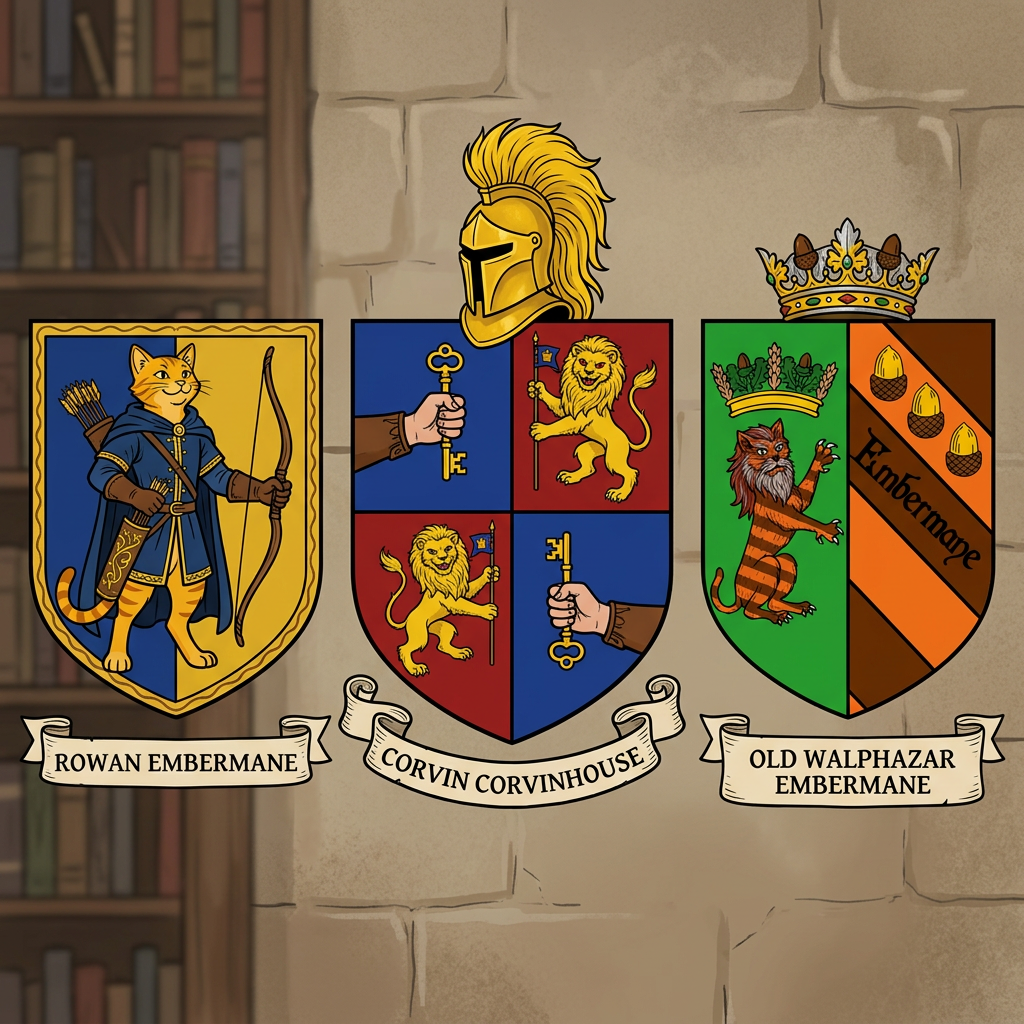 AI Design for in same art syle Perfect. You're starting to build the **portrait gallery** that Jasper would see in the Embermane library.
---
# 🏹 Rowan Embermane
### The Legendary Archer
If Sir Embermane the Great is the founder and Walphazar is the powerful ruler, then **Rowan is the hero children dream about becoming.**
He's the ancestor Jasper becomes obsessed with.
The one whose stories he reads over and over.
---
## Appearance
Like the other Embermanes:
🐱 Orange tabby fur
🔥 Red-brown cheek stripes
🔥 Red-brown ear tips
🔥 Red-brown mane-like hair
The family resemblance should be obvious.
When Jasper looks at the portrait, readers should immediately notice:
> "He looks like Jasper."
---
## Build
Not enormous.
Not a kingly giant.
More athletic.
Lean.
Fast.
Built for traveling and archery.
The sort of cat who spends more time on roads and forest paths than in castles.
---
## Clothing
His iconic colors:
🔵 Deep blue
🟡 Gold
A beautiful archer outfit.
Blue tunic.
Gold trim.
Blue cloak.
Leather archery gear.
Gold embroidery around the edges.
Elegant but practical.
---
## Equipment
🏹 Longbow
His most important item.
The bow should be instantly recognizable.
Not oversized.
Not magical-looking.
Just a beautifully crafted bow used by a legendary archer.
A quiver rests at his side.
---
## Expression
A warm smile.
Confident.
Friendly.
The kind of hero people genuinely liked.
Not intimidating.
Not overly serious.
---
## Pose
One hand resting on his bow.
The other on his belt.
Standing proudly.
Looking slightly toward the horizon.
Almost like he's already thinking about his next adventure.
---
## Reader Impression
When Jasper first sees the portrait:
> "That's him."
Not a king.
Not a ruler.
An adventurer.
A hero.
Exactly the kind of cat Jasper wants to become.
---
# 👑 Corvin Corvinhouse
### Founder of House Corvinhouse
The ancestor from whom the Corvinhouse family takes its name.
The equivalent of Sir Embermane for the Corvinhouses.
---
## Appearance
🐱 Golden-yellow fur
👁️ Dark red eyes
A large golden mane.
Strong jaw.
Confident smile.
---
## Clothing
🔵 Royal blue
🔴 Deep red
These become the traditional Corvinhouse colors.
His clothing should immediately establish the visual identity of the entire family.
Large cape.
Decorative tunic.
Royal appearance.
---
## Build
Tall.
Broad.
Powerful.
Not quite as huge as Sir Embermane the Great.
But still impressive.
---
## Expression
A mischievous grin.
The classic Corvinhouse smile.
Almost like:
> "I know something you don't."
A trait that later appears in Tristan.
---
## Pose
One hand on his hip.
The other holding a royal banner.
Relaxed confidence.
Unlike the stoic Embermanes.
---
# 👑 Old Walphazar Embermane
### The Veteran King
This portrait would be from later in his life.
Not young Walphazar.
The older version.
The king near the end of his reign.
---
## Appearance
Still massive.
Still intimidating.
But older.
His mane has become:
🔥 Dark red-brown
⚪ Streaks of silver
His beard is longer now.
Showing age and wisdom.
---
## Clothing
🟢 Deep green royal robes
🔴 Red-brown cape
🟡 Heavy gold details
The richest Embermane clothing seen so far.
---
## Crown
Larger than the one he wore when younger.
Still elegant.
Still Embermane.
But clearly the crown of a ruler who has worn it for decades.
---
## Expression
This is the important part.
Not anger.
Not arrogance.
Experience.
The expression of someone who has:
* Won victories
* Made mistakes
* Lost friends
* Ruled a kingdom
A ruler carrying the weight of history.
---
## Pose
Seated upon a throne.
Both paws resting on the pommel of a sword.
The sword standing upright before him.
Very similar to Sir Embermane the Great.
Showing that even after all those years, Walphazar still wanted to live up to the founder's legacy.
---
Together, these three portraits would look fantastic in the Embermane library:
🏹 **Rowan Embermane** — the hero.
👑 **Corvin Corvinhouse** — the founder of a rival dynasty.
🔥 **Old Walphazar Embermane** — the king who shaped an era.
Each immediately recognizable from their silhouette, colors, and pose. 📖🏹👑🔥🐱