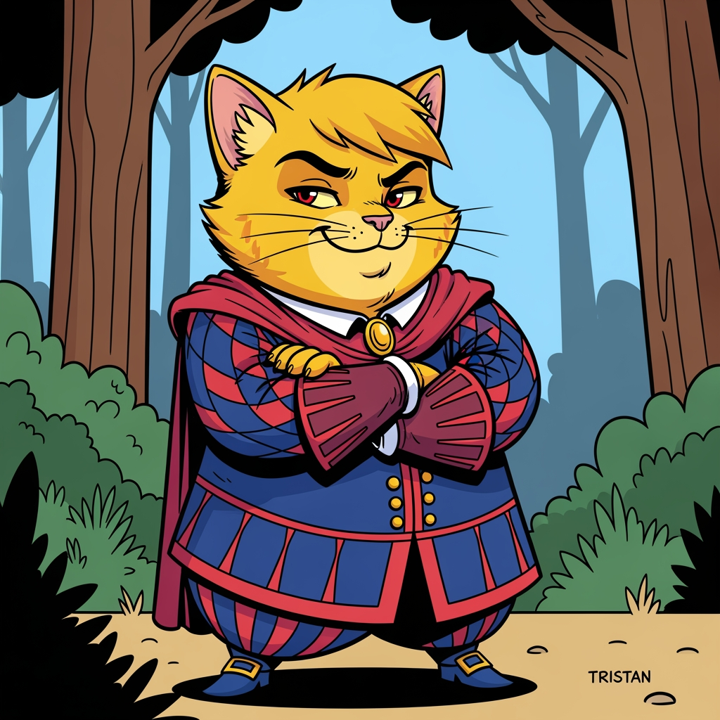 AI Design for # 🐱 Tristan Corvinhouse
If Jasper is the hero readers immediately want to root for...
**Tristan is the character they immediately want to roll their eyes at.**
Not because he's evil.
Not because he's a villain.
Because he's *annoying*.
And he knows it.
---
## First Impression
The first thing people notice about Tristan is that he's surprisingly small.
Not tiny.
Just slightly shorter than Jasper.
Which annoys him tremendously.
He wants to look grand.
Powerful.
Royal.
Important.
Instead, he's constantly trying to compensate.
---
## Fur
Like many members of House Corvinhouse, Tristan has:
🟡 Light golden-yellow fur
Almost like sunlight.
His fur is always well-groomed.
Always spotless.
Always perfect.
---
## Face
His most recognizable feature is his smile.
Not a warm smile.
Not a friendly smile.
A smug smile.
The kind that says:
> "I know something you don't."
Even when he absolutely doesn't.
---
## Eyes
🔴 Dark red eyes.
Sharp.
Expressive.
When he's teasing Jasper, they're full of mischief.
When he's embarrassed, they get wide.
When he's caught doing something stupid, he tries very hard to pretend he isn't embarrassed.
---
## Clothing
Tristan dresses like somebody who desperately wants everyone to remember he's royalty.
His outfit is:
🔵 Deep blue
🔴 Deep red
In a checkered pattern.
Rich fabrics.
Long sleeves.
Decorative buttons.
Fancy collars.
Everything is slightly more elaborate than necessary.
---
## Personality
Tristan loves attention.
Absolutely loves it.
If a room contains ten people, Tristan wants all ten people looking at him.
---
He constantly teases Jasper.
Not because he hates him.
Because Jasper is easy to tease.
And because Tristan secretly finds him interesting.
---
### Examples
Tristan:
> "Nice shot, Embermane. Were you aiming for the target or the tree behind it?"
Jasper:
> "I hit the target."
Tristan:
> "After three attempts."
---
He's that kind of character.
---
## His Biggest Flaw
He's insecure.
Deep down, Tristan feels like he has something to prove.
He's a prince.
He's expected to be impressive.
Expected to be confident.
Expected to be important.
Sometimes he's afraid he isn't.
So he hides that behind arrogance.
---
## His Biggest Strength
When things become serious...
Tristan shows up.
He complains.
He grumbles.
He acts like helping is beneath him.
Then he helps anyway.
---
## Pose
In illustrations:
👑 Standing dramatically
😏 Smirking
🫴 Gesturing while talking
🎭 Trying to look impressive
---
But occasionally:
😳 Looking embarrassed
😂 Laughing genuinely
😅 Being caught off guard
Those moments make readers like him.
---
## Silhouette
You'd recognize him instantly:
🐱 Smaller frame
👑 Royal clothing
🧥 Large sleeves
🎭 Confident pose
---
## Storybook Illustration Example
Imagine a chapter illustration.
Jasper has just won an archery competition.
The crowd is cheering.
Rufus is celebrating.
Ashen is playing music.
Pippa is clapping.
Milo is taking notes.
Shadow is drawing the event.
And standing nearby is Tristan.
Arms crossed.
Trying very hard not to look impressed.
Trying very hard not to smile.
Trying very hard not to admit that Jasper actually did a good job.
The illustration caption might as well read:
> "Tristan hated admitting when Jasper was right."
---
## The Feeling He Gives
Tristan isn't the villain.
He isn't the bully.
He isn't even really a rival in the traditional sense.
He's the prince who keeps trying to one-up Jasper, keeps getting dragged into adventures, and keeps accidentally becoming a better person along the way.
The kind of character who starts as:
> "Ugh, this guy."
And ends as:
> "Okay... maybe I like this guy."
😏👑🐱✨
more bolder comic book art szle lines in forest minimal shading vibrant colours onlz one version on the image bold black lines less detail like wrinklz lines more curvz and bolder thick lines he is the chubby kid prince and is short and a bit fat CHILDDDD