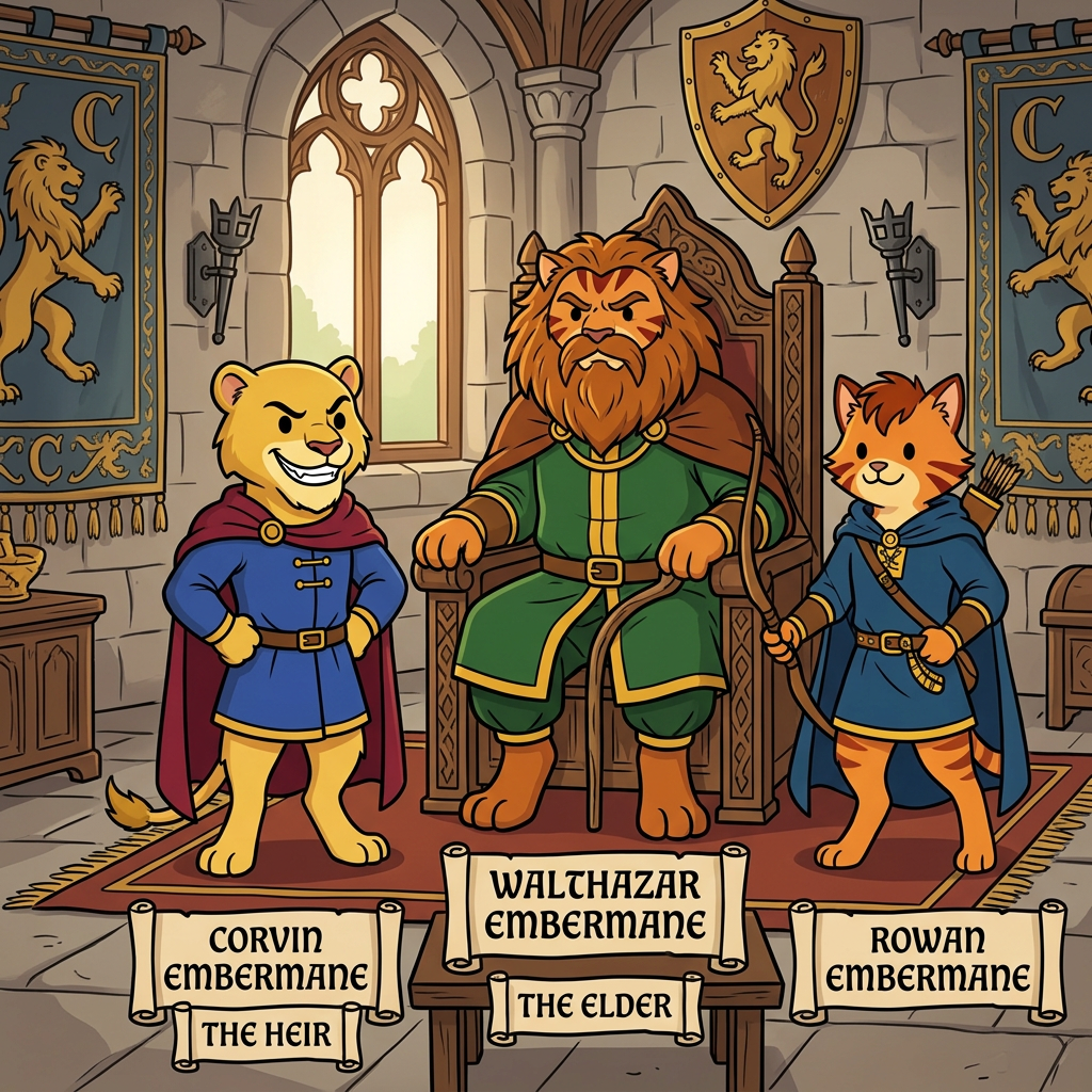 AI Design for the yellow cat does not have a maine and sir embermane the great sould not be in this photo put the charachters in a middle age room with walthazar in the middle and the boys like their sons and yellow cat has dot eyes like everyone else and has an evil grin