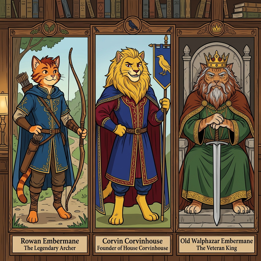 AI Design for in same art syle Perfect. You're starting to build the **portrait gallery** that Jasper would see in the Embermane library.
---
# 🏹 Rowan Embermane
### The Legendary Archer
If Sir Embermane the Great is the founder and Walphazar is the powerful ruler, then **Rowan is the hero children dream about becoming.**
He's the ancestor Jasper becomes obsessed with.
The one whose stories he reads over and over.
---
## Appearance
Like the other Embermanes:
🐱 Orange tabby fur
🔥 Red-brown cheek stripes
🔥 Red-brown ear tips
🔥 Red-brown mane-like hair
The family resemblance should be obvious.
When Jasper looks at the portrait, readers should immediately notice:
> "He looks like Jasper."
---
## Build
Not enormous.
Not a kingly giant.
More athletic.
Lean.
Fast.
Built for traveling and archery.
The sort of cat who spends more time on roads and forest paths than in castles.
---
## Clothing
His iconic colors:
🔵 Deep blue
🟡 Gold
A beautiful archer outfit.
Blue tunic.
Gold trim.
Blue cloak.
Leather archery gear.
Gold embroidery around the edges.
Elegant but practical.
---
## Equipment
🏹 Longbow
His most important item.
The bow should be instantly recognizable.
Not oversized.
Not magical-looking.
Just a beautifully crafted bow used by a legendary archer.
A quiver rests at his side.
---
## Expression
A warm smile.
Confident.
Friendly.
The kind of hero people genuinely liked.
Not intimidating.
Not overly serious.
---
## Pose
One hand resting on his bow.
The other on his belt.
Standing proudly.
Looking slightly toward the horizon.
Almost like he's already thinking about his next adventure.
---
## Reader Impression
When Jasper first sees the portrait:
> "That's him."
Not a king.
Not a ruler.
An adventurer.
A hero.
Exactly the kind of cat Jasper wants to become.
---
# 👑 Corvin Corvinhouse
### Founder of House Corvinhouse
The ancestor from whom the Corvinhouse family takes its name.
The equivalent of Sir Embermane for the Corvinhouses.
---
## Appearance
🐱 Golden-yellow fur
👁️ Dark red eyes
A large golden mane.
Strong jaw.
Confident smile.
---
## Clothing
🔵 Royal blue
🔴 Deep red
These become the traditional Corvinhouse colors.
His clothing should immediately establish the visual identity of the entire family.
Large cape.
Decorative tunic.
Royal appearance.
---
## Build
Tall.
Broad.
Powerful.
Not quite as huge as Sir Embermane the Great.
But still impressive.
---
## Expression
A mischievous grin.
The classic Corvinhouse smile.
Almost like:
> "I know something you don't."
A trait that later appears in Tristan.
---
## Pose
One hand on his hip.
The other holding a royal banner.
Relaxed confidence.
Unlike the stoic Embermanes.
---
# 👑 Old Walphazar Embermane
### The Veteran King
This portrait would be from later in his life.
Not young Walphazar.
The older version.
The king near the end of his reign.
---
## Appearance
Still massive.
Still intimidating.
But older.
His mane has become:
🔥 Dark red-brown
⚪ Streaks of silver
His beard is longer now.
Showing age and wisdom.
---
## Clothing
🟢 Deep green royal robes
🔴 Red-brown cape
🟡 Heavy gold details
The richest Embermane clothing seen so far.
---
## Crown
Larger than the one he wore when younger.
Still elegant.
Still Embermane.
But clearly the crown of a ruler who has worn it for decades.
---
## Expression
This is the important part.
Not anger.
Not arrogance.
Experience.
The expression of someone who has:
* Won victories
* Made mistakes
* Lost friends
* Ruled a kingdom
A ruler carrying the weight of history.
---
## Pose
Seated upon a throne.
Both paws resting on the pommel of a sword.
The sword standing upright before him.
Very similar to Sir Embermane the Great.
Showing that even after all those years, Walphazar still wanted to live up to the founder's legacy.
---
Together, these three portraits would look fantastic in the Embermane library:
🏹 **Rowan Embermane** — the hero.
👑 **Corvin Corvinhouse** — the founder of a rival dynasty.
🔥 **Old Walphazar Embermane** — the king who shaped an era.
Each immediately recognizable from their silhouette, colors, and pose. 📖🏹👑🔥🐱