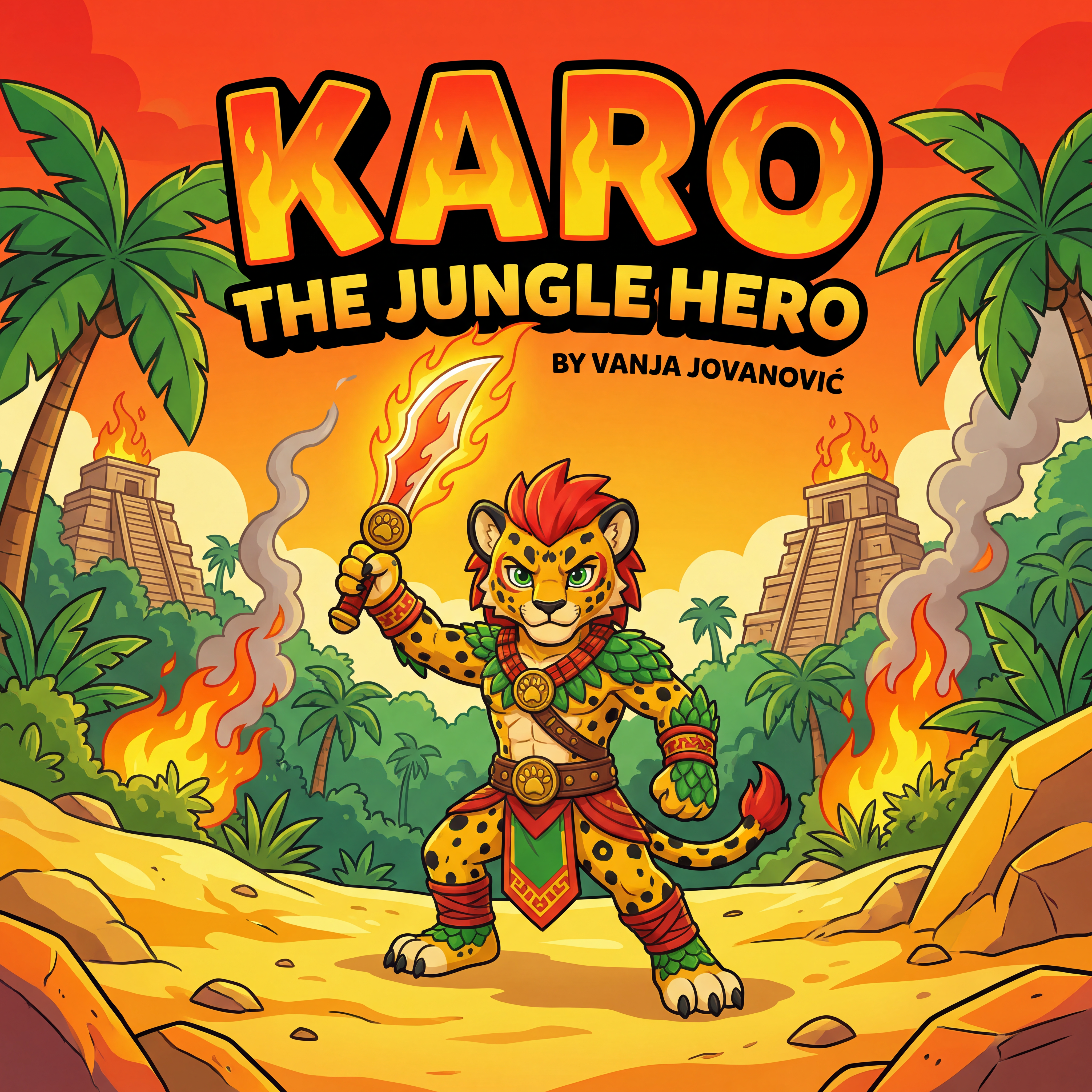 AI Design for book cover not to realisitc named karo the jungle hero name of author Vanja Jovanović and in the same cartoony art stzle like a dogman book or mario promo art art style with a jungle backdrop temples palm trees fire and karo is holding the fire sabre on the image also yellow bits like sand cool