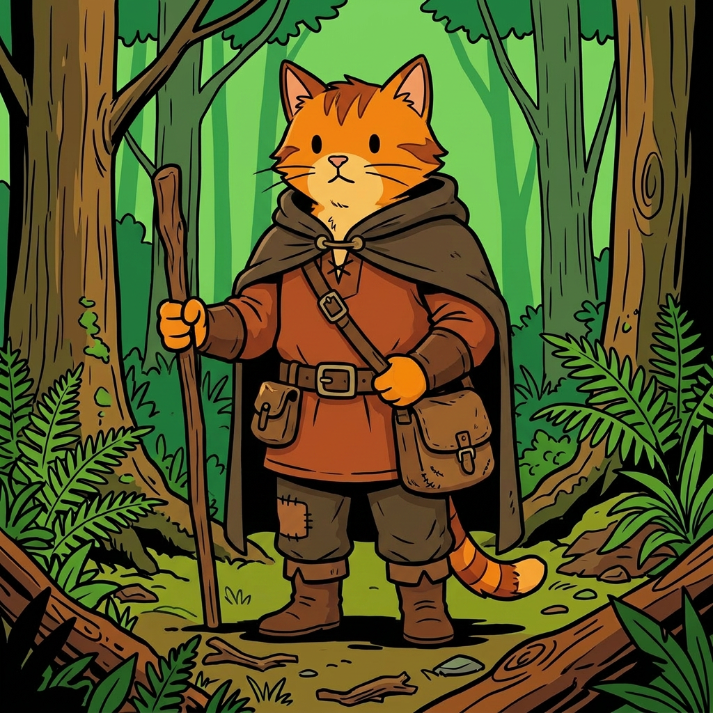AI Design for cat in the promptbar is not a lion nor tiger just an inpiration for cats colours the cat description is the promptbar cats distant predcessors so use him as inspo .
same art syle speceies different height pose gender japer is the orange cat in prombar 🐱 Jasper's Father
he is orange with brownish red .
Colors:
od clothes+
Rust orange
Dark brown
Reason:
A hardworking, practical Embermane.
Reason:
Outdoorsy and adventurous.
dot eyes minimal shading simple colours middle ages and dot eyes.