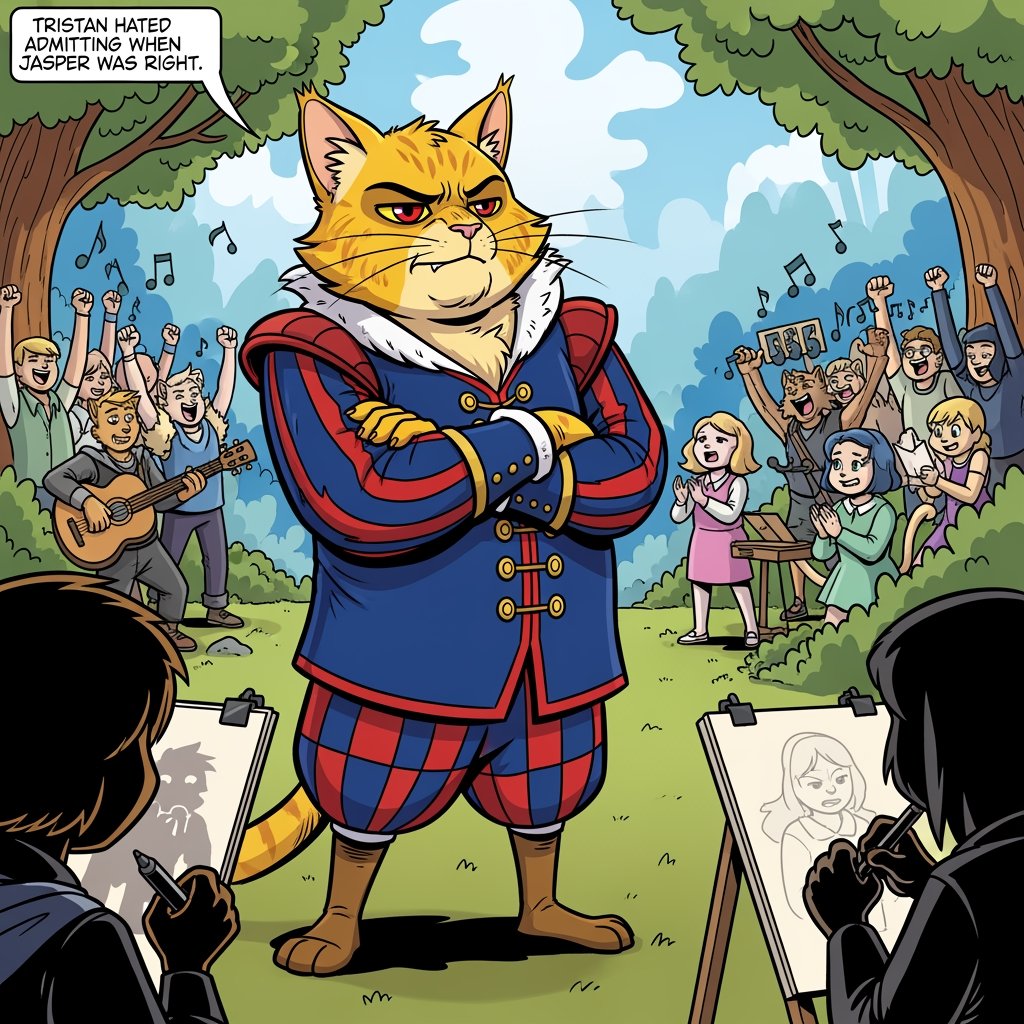 AI Design for # 🐱 Tristan Corvinhouse
If Jasper is the hero readers immediately want to root for...
**Tristan is the character they immediately want to roll their eyes at.**
Not because he's evil.
Not because he's a villain.
Because he's *annoying*.
And he knows it.
---
## First Impression
The first thing people notice about Tristan is that he's surprisingly small.
Not tiny.
Just slightly shorter than Jasper.
Which annoys him tremendously.
He wants to look grand.
Powerful.
Royal.
Important.
Instead, he's constantly trying to compensate.
---
## Fur
Like many members of House Corvinhouse, Tristan has:
🟡 Light golden-yellow fur
Almost like sunlight.
His fur is always well-groomed.
Always spotless.
Always perfect.
---
## Face
His most recognizable feature is his smile.
Not a warm smile.
Not a friendly smile.
A smug smile.
The kind that says:
> "I know something you don't."
Even when he absolutely doesn't.
---
## Eyes
🔴 Dark red eyes.
Sharp.
Expressive.
When he's teasing Jasper, they're full of mischief.
When he's embarrassed, they get wide.
When he's caught doing something stupid, he tries very hard to pretend he isn't embarrassed.
---
## Clothing
Tristan dresses like somebody who desperately wants everyone to remember he's royalty.
His outfit is:
🔵 Deep blue
🔴 Deep red
In a checkered pattern.
Rich fabrics.
Long sleeves.
Decorative buttons.
Fancy collars.
Everything is slightly more elaborate than necessary.
---
## Personality
Tristan loves attention.
Absolutely loves it.
If a room contains ten people, Tristan wants all ten people looking at him.
---
He constantly teases Jasper.
Not because he hates him.
Because Jasper is easy to tease.
And because Tristan secretly finds him interesting.
---
### Examples
Tristan:
> "Nice shot, Embermane. Were you aiming for the target or the tree behind it?"
Jasper:
> "I hit the target."
Tristan:
> "After three attempts."
---
He's that kind of character.
---
## His Biggest Flaw
He's insecure.
Deep down, Tristan feels like he has something to prove.
He's a prince.
He's expected to be impressive.
Expected to be confident.
Expected to be important.
Sometimes he's afraid he isn't.
So he hides that behind arrogance.
---
## His Biggest Strength
When things become serious...
Tristan shows up.
He complains.
He grumbles.
He acts like helping is beneath him.
Then he helps anyway.
---
## Pose
In illustrations:
👑 Standing dramatically
😏 Smirking
🫴 Gesturing while talking
🎭 Trying to look impressive
---
But occasionally:
😳 Looking embarrassed
😂 Laughing genuinely
😅 Being caught off guard
Those moments make readers like him.
---
## Silhouette
You'd recognize him instantly:
🐱 Smaller frame
👑 Royal clothing
🧥 Large sleeves
🎭 Confident pose
---
## Storybook Illustration Example
Imagine a chapter illustration.
Jasper has just won an archery competition.
The crowd is cheering.
Rufus is celebrating.
Ashen is playing music.
Pippa is clapping.
Milo is taking notes.
Shadow is drawing the event.
And standing nearby is Tristan.
Arms crossed.
Trying very hard not to look impressed.
Trying very hard not to smile.
Trying very hard not to admit that Jasper actually did a good job.
The illustration caption might as well read:
> "Tristan hated admitting when Jasper was right."
---
## The Feeling He Gives
Tristan isn't the villain.
He isn't the bully.
He isn't even really a rival in the traditional sense.
He's the prince who keeps trying to one-up Jasper, keeps getting dragged into adventures, and keeps accidentally becoming a better person along the way.
The kind of character who starts as:
> "Ugh, this guy."
And ends as:
> "Okay... maybe I like this guy."
😏👑🐱✨
more bolder comic book art szle lines in forest minimal shading vibrant colours onlz one version on the image bold black lines less detail like wrinklz lines more curvz and bolder thick lines he is the chubby kid prince and is short and a bit fat CHILDDDD