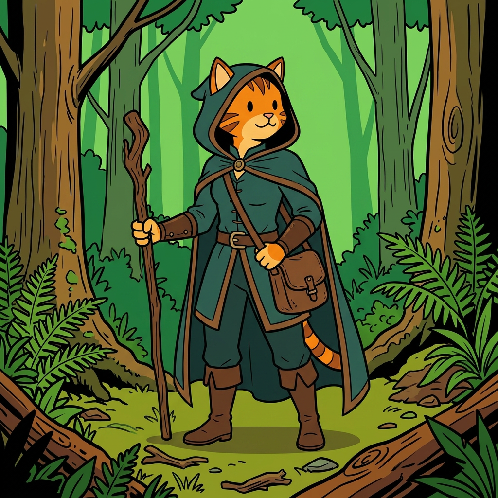 AI Design for cat in the promptbar is not a lion nor tiger just an inpiration for cats colours the cat description is the promptbar cats distant predcessors so use him as inspo .
same art syle speceies different height pose gender 🌲 Bramble Embermane
Colors:
of clothes
Dark teal
Brown
Reason:
Outdoorsy and adventurous.
dot eyes minimal shading simple colours middle ages and dot eyes.