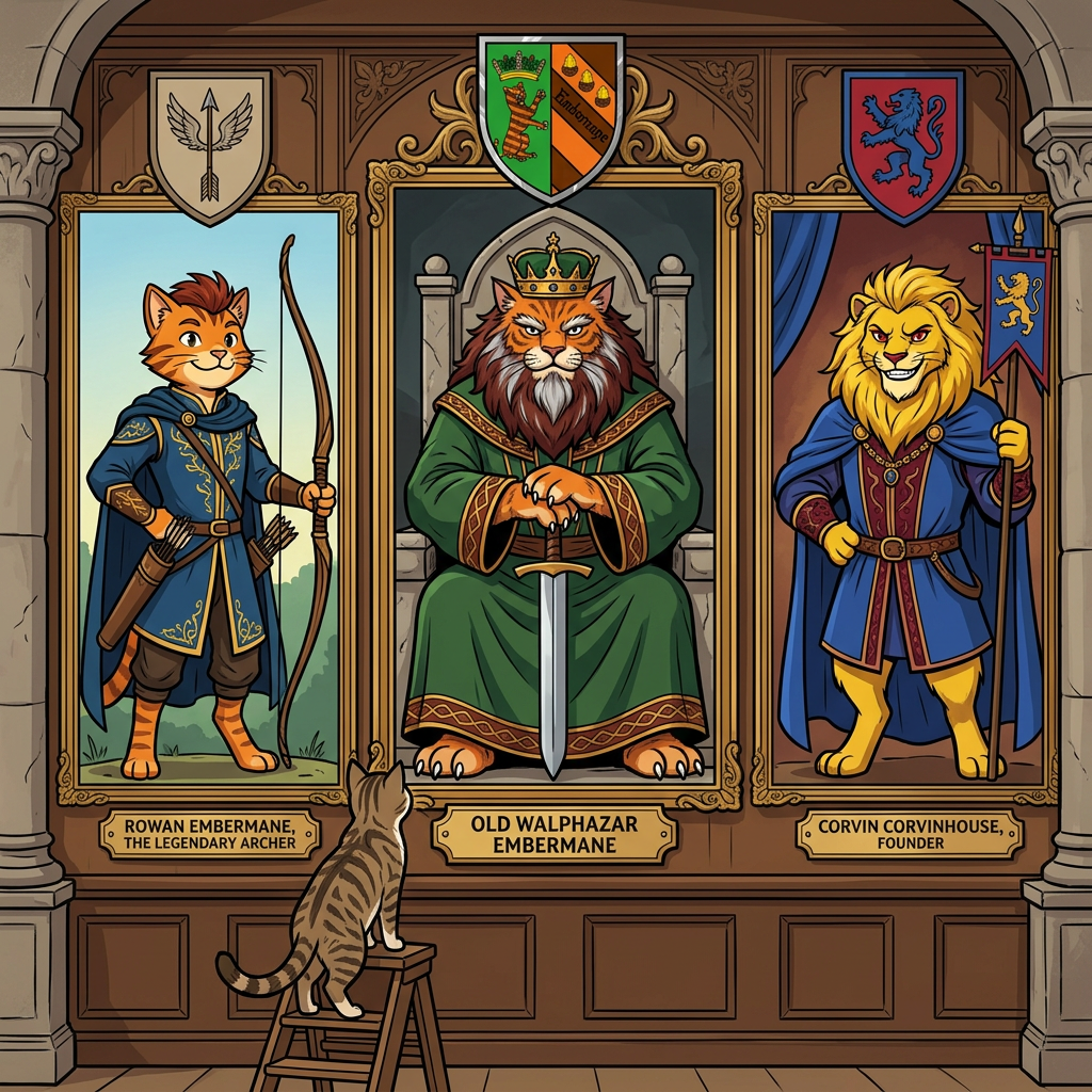 AI Design for in same art syle Perfect. You're starting to build the *** that Jasper would see in the Embermane library.
---
# 🏹 Rowan Embermane
### The Legendary Archer
If Sir Embermane the Great is the founder and Walphazar is the powerful ruler, then **Rowan is the hero children dream about becoming.**
He's the ancestor Jasper becomes obsessed with.
The one whose stories he reads over and over.
---
## Appearance
Like the other Embermanes:
🐱 Orange tabby fur
🔥 Red-brown cheek stripes
🔥 Red-brown ear tips
🔥 Red-brown mane-like hair
The family resemblance should be obvious.
When Jasper looks at the portrait, readers should immediately notice:
> "He looks like Jasper."
---
## Build
Not enormous.
Not a kingly giant.
More athletic.
Lean.
Fast.
Built for traveling and archery.
The sort of cat who spends more time on roads and forest paths than in castles.
---
## Clothing
His iconic colors:
🔵 Deep blue
🟡 Gold
A beautiful archer outfit.
Blue tunic.
Gold trim.
Blue cloak.
Leather archery gear.
Gold embroidery around the edges.
Elegant but practical.
---
## Equipment
🏹 Longbow
His most important item.
The bow should be instantly recognizable.
Not oversized.
Not magical-looking.
Just a beautifully crafted bow used by a legendary archer.
A quiver rests at his side.
---
## Expression
A warm smile.
Confident.
Friendly.
The kind of hero people genuinely liked.
Not intimidating.
Not overly serious.
---
## Pose
One hand resting on his bow.
The other on his belt.
Standing proudly.
Looking slightly toward the horizon.
Almost like he's already thinking about his next adventure.
---
## Reader Impression
When Jasper first sees the portrait:
> "That's him."
Not a king.
Not a ruler.
An adventurer.
A hero.
Exactly the kind of cat Jasper wants to become.
---
# 👑 Corvin Corvinhouse
### Founder of House Corvinhouse
The ancestor from whom the Corvinhouse family takes its name.
The equivalent of Sir Embermane for the Corvinhouses.
---
## Appearance
🐱 Golden-yellow fur
👁️ Dark red eyes
A large golden mane.
Strong jaw.
Confident smile.
---
## Clothing
🔵 Royal blue
🔴 Deep red
These become the traditional Corvinhouse colors.
His clothing should immediately establish the visual identity of the entire family.
Large cape.
Decorative tunic.
Royal appearance.
---
## Build
Tall.
Broad.
Powerful.
Not quite as huge as Sir Embermane the Great.
But still impressive.
---
## Expression
A mischievous grin.
The classic Corvinhouse smile.
Almost like:
> "I know something you don't."
A trait that later appears in Tristan.
---
## Pose
One hand on his hip.
The other holding a royal banner.
Relaxed confidence.
Unlike the stoic Embermanes.
---
# 👑 Old Walphazar Embermane
### The Veteran King
This portrait would be from later in his life.
Not young Walphazar.
The older version.
The king near the end of his reign.
---
## Appearance
Still massive.
Still intimidating.
But older.
His mane has become:
🔥 Dark red-brown
⚪ Streaks of silver
His beard is longer now.
Showing age and wisdom.
---
## Clothing
🟢 Deep green royal robes
🔴 Red-brown cape
🟡 Heavy gold details
The richest Embermane clothing seen so far.
---
## Crown
Larger than the one he wore when younger.
Still elegant.
Still Embermane.
But clearly the crown of a ruler who has worn it for decades.
---
## Expression
This is the important part.
Not anger.
Not arrogance.
Experience.
The expression of someone who has:
* Won victories
* Made mistakes
* Lost friends
* Ruled a kingdom
A ruler carrying the weight of history.
---
## Pose
Seated upon a throne.
Both paws resting on the pommel of a sword.
The sword standing upright before him.
Very similar to Sir Embermane the Great.
Showing that even after all those years, Walphazar still wanted to live up to the founder's legacy.
---
Together, these three portraits would look fantastic in the Embermane library:
🏹 **Rowan Embermane** — the hero.
👑 **Corvin Corvinhouse** — the founder of a rival dynasty.
🔥 **Old Walphazar Embermane** — the king who shaped an era.
Each immediately recognizable from their silhouette, colors, and pose. 📖🏹👑🔥🐱 THEY ARE ALL CATS NOT LIONSSSSSSSSSSSSSSSSSSSSSSS