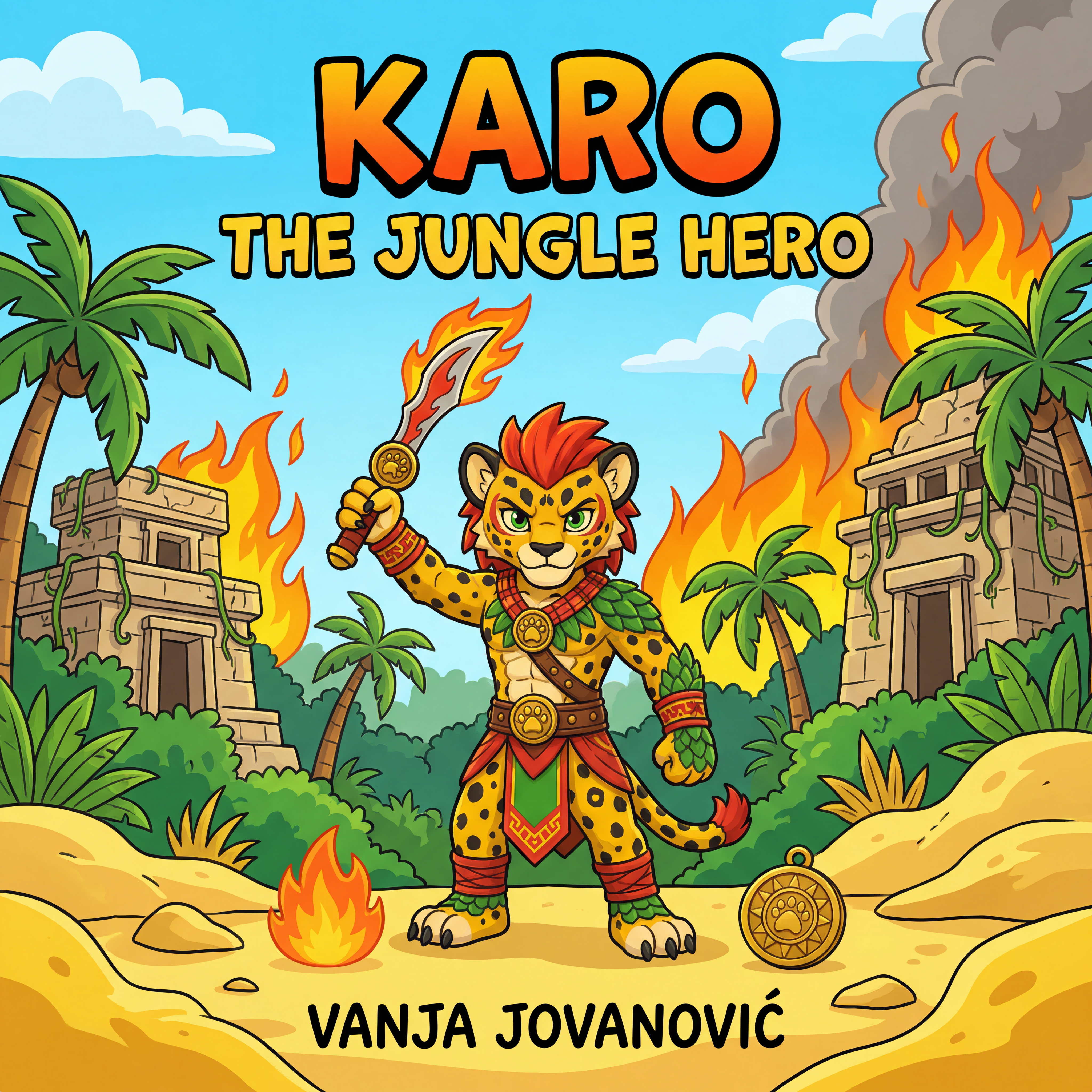 AI Design for book cover not to realisitc named karo the jungle hero name of author Vanja Jovanović and in the same cartoony art stzle like a dogman book or mario promo art art style with a jungle backdrop temples palm trees fire and karo is holding the fire sabre on the image also yellow bits like sand cool