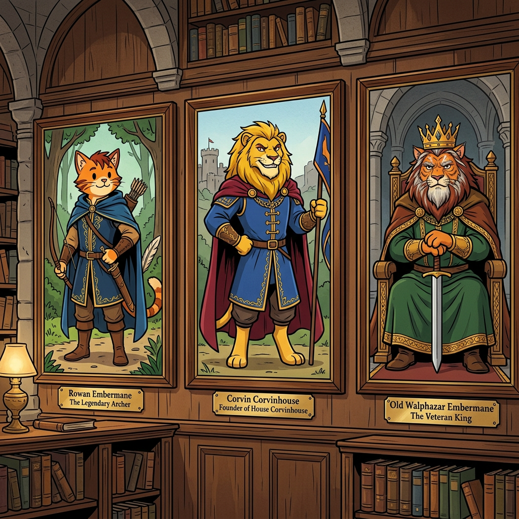 AI Design for in same art syle Perfect. You're starting to build the *** that Jasper would see in the Embermane library.
---
# 🏹 Rowan Embermane
### The Legendary Archer
If Sir Embermane the Great is the founder and Walphazar is the powerful ruler, then **Rowan is the hero children dream about becoming.**
He's the ancestor Jasper becomes obsessed with.
The one whose stories he reads over and over.
---
## Appearance
Like the other Embermanes:
🐱 Orange tabby fur
🔥 Red-brown cheek stripes
🔥 Red-brown ear tips
🔥 Red-brown mane-like hair
The family resemblance should be obvious.
When Jasper looks at the portrait, readers should immediately notice:
> "He looks like Jasper."
---
## Build
Not enormous.
Not a kingly giant.
More athletic.
Lean.
Fast.
Built for traveling and archery.
The sort of cat who spends more time on roads and forest paths than in castles.
---
## Clothing
His iconic colors:
🔵 Deep blue
🟡 Gold
A beautiful archer outfit.
Blue tunic.
Gold trim.
Blue cloak.
Leather archery gear.
Gold embroidery around the edges.
Elegant but practical.
---
## Equipment
🏹 Longbow
His most important item.
The bow should be instantly recognizable.
Not oversized.
Not magical-looking.
Just a beautifully crafted bow used by a legendary archer.
A quiver rests at his side.
---
## Expression
A warm smile.
Confident.
Friendly.
The kind of hero people genuinely liked.
Not intimidating.
Not overly serious.
---
## Pose
One hand resting on his bow.
The other on his belt.
Standing proudly.
Looking slightly toward the horizon.
Almost like he's already thinking about his next adventure.
---
## Reader Impression
When Jasper first sees the portrait:
> "That's him."
Not a king.
Not a ruler.
An adventurer.
A hero.
Exactly the kind of cat Jasper wants to become.
---
# 👑 Corvin Corvinhouse
### Founder of House Corvinhouse
The ancestor from whom the Corvinhouse family takes its name.
The equivalent of Sir Embermane for the Corvinhouses.
---
## Appearance
🐱 Golden-yellow fur
👁️ Dark red eyes
A large golden mane.
Strong jaw.
Confident smile.
---
## Clothing
🔵 Royal blue
🔴 Deep red
These become the traditional Corvinhouse colors.
His clothing should immediately establish the visual identity of the entire family.
Large cape.
Decorative tunic.
Royal appearance.
---
## Build
Tall.
Broad.
Powerful.
Not quite as huge as Sir Embermane the Great.
But still impressive.
---
## Expression
A mischievous grin.
The classic Corvinhouse smile.
Almost like:
> "I know something you don't."
A trait that later appears in Tristan.
---
## Pose
One hand on his hip.
The other holding a royal banner.
Relaxed confidence.
Unlike the stoic Embermanes.
---
# 👑 Old Walphazar Embermane
### The Veteran King
This portrait would be from later in his life.
Not young Walphazar.
The older version.
The king near the end of his reign.
---
## Appearance
Still massive.
Still intimidating.
But older.
His mane has become:
🔥 Dark red-brown
⚪ Streaks of silver
His beard is longer now.
Showing age and wisdom.
---
## Clothing
🟢 Deep green royal robes
🔴 Red-brown cape
🟡 Heavy gold details
The richest Embermane clothing seen so far.
---
## Crown
Larger than the one he wore when younger.
Still elegant.
Still Embermane.
But clearly the crown of a ruler who has worn it for decades.
---
## Expression
This is the important part.
Not anger.
Not arrogance.
Experience.
The expression of someone who has:
* Won victories
* Made mistakes
* Lost friends
* Ruled a kingdom
A ruler carrying the weight of history.
---
## Pose
Seated upon a throne.
Both paws resting on the pommel of a sword.
The sword standing upright before him.
Very similar to Sir Embermane the Great.
Showing that even after all those years, Walphazar still wanted to live up to the founder's legacy.
---
Together, these three portraits would look fantastic in the Embermane library:
🏹 **Rowan Embermane** — the hero.
👑 **Corvin Corvinhouse** — the founder of a rival dynasty.
🔥 **Old Walphazar Embermane** — the king who shaped an era.
Each immediately recognizable from their silhouette, colors, and pose. 📖🏹👑🔥🐱 THEY ARE ALL CATS NOT LIONSSSSSSSSSSSSSSSSSSSSSSS