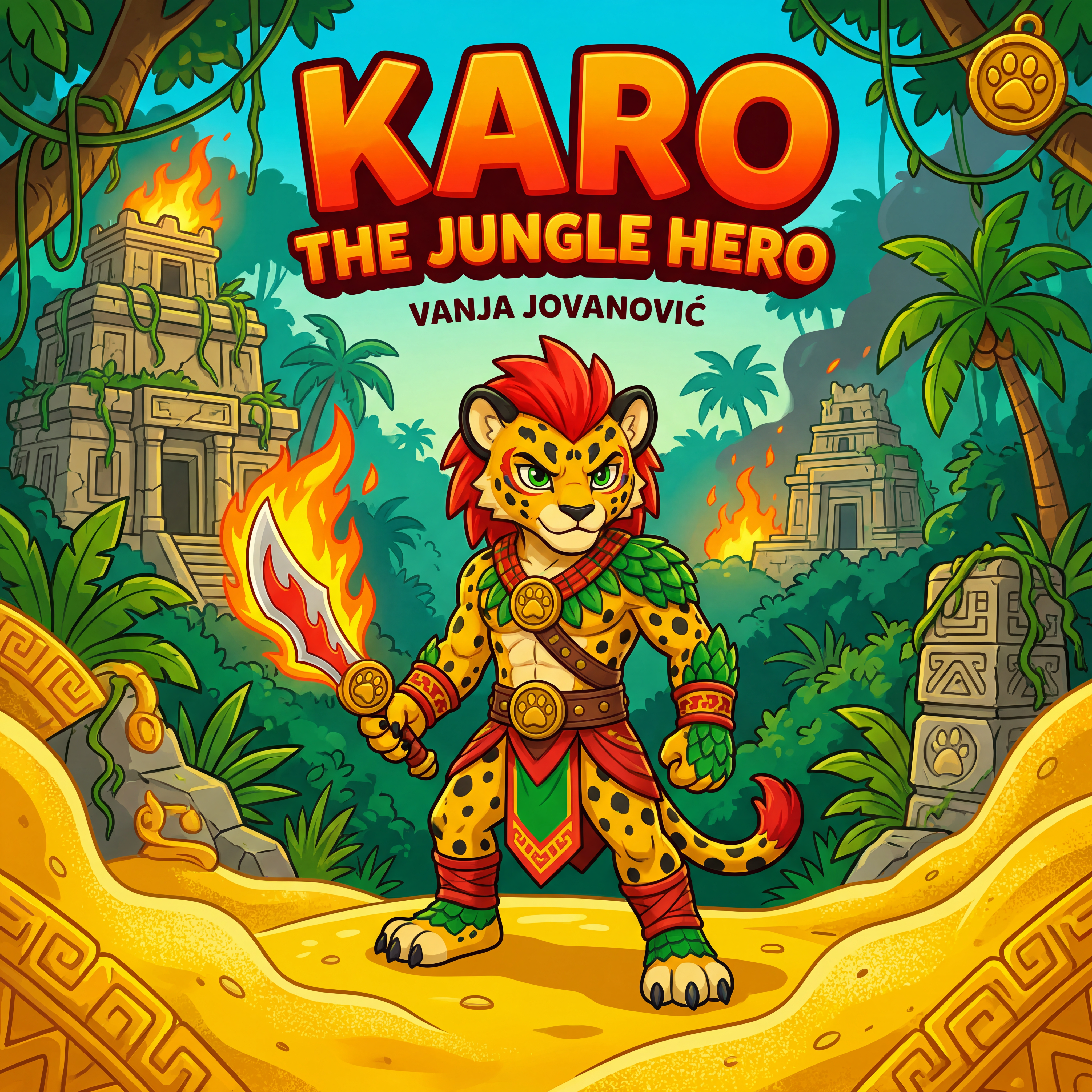 AI Design for book cover not to realisitc named karo the jungle hero name of author Vanja Jovanović and in the same cartoony art stzle like a dogman book or mario promo art art style with a jungle backdrop temples palm trees fire and karo is holding the fire sabre on the image also yellow bits like sand cool