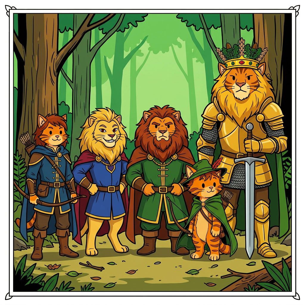AI Design for Each immediately recognizable from their silhouette, colors, and pose. 📖🏹👑🔥🐱 THEY ARE ALL CATS NOT LIONSSSSSSSSSSSSSSSSSSSSSSS
Got it—**Walthazar**, not Walphazar. And you don't want portrait descriptions right now, you want the **character designs themselves** as they would appear in the storybook art style.
## 🏹 Rowan Embermane
Rowan is the Embermane that Jasper idolizes.
He's not dressed like a king.
He's dressed like a hero.
### Appearance
* Orange tabby fur.
* Red-brown cheek stripes.
* Red-brown ear tips.
* Red-brown mane-like hair, longer than Jasper's.
* Athletic build.
### Clothing
🔵 Deep blue archer's tunic.
🟡 Gold trim around the sleeves and collar.
🔵 Blue cloak.
🟡 Gold accents on his belt and quiver.
Leather boots and bracers.
### Personality in Design
Everything about him should say:
> "Explorer."
Not ruler.
Not noble.
Not warrior.
Explorer.
The kind of cat who has seen half the world and wants to see the other half.
---
## 👑 Corvin Corvinhouse
The founder of House Corvinhouse.
### Appearance
* Light golden-yellow fur.
* Large golden mane.
* Dark red eyes.
* Confident grin.
Unlike the Embermanes, whose designs feel warm and heroic, Corvin should feel charismatic.
### Clothing
🔵 Royal blue tunic.
🔴 Deep red cloak.
🟡 Gold details.
His clothing establishes the Corvinhouse color scheme used later by Tristan and the rest of the family.
### Personality in Design
When somebody sees him, they should think:
> "That guy definitely enjoys being important."
He's charming.
Confident.
A little smug.
And he knows it.
---
## 👑 Walthazar Embermane
One of the most important Embermanes in history.
### Appearance
* Orange tabby fur.
* Red-brown markings.
* Massive mane.
* Thick beard.
* Broad shoulders.
More physically imposing than Rowan.
Less imposing than Sir Embermane the Great.
### Clothing
🟢 Deep green royal garments.
🔴 Red-brown cape.
🟡 Gold trim.
A perfect blend of royal and Embermane colors.
### Personality in Design
Walthazar should look like somebody who carries responsibility.
Not the adventurous optimism of Rowan.
Not the overwhelming legendary presence of Sir Embermane.
Instead:
> A ruler.
A cat who spends his days making decisions that affect thousands of people.
Strong.
Wise.
A little stern.
But not cruel.
---
One thing I really like is that each major ancestor has a completely different silhouette:
🏹 **Rowan** = cloak, bow, traveler.
👑 **Corvin** = royal cape, grin, nobleman.
🔥 **Walthazar** = mane, beard, ruler.
👑 **Sir Embermane the Great** = giant king with sword.
That way, even in your simple bold-line storybook style with dot eyes, readers can instantly tell who's who. 📖🐱🏹👑🔥
