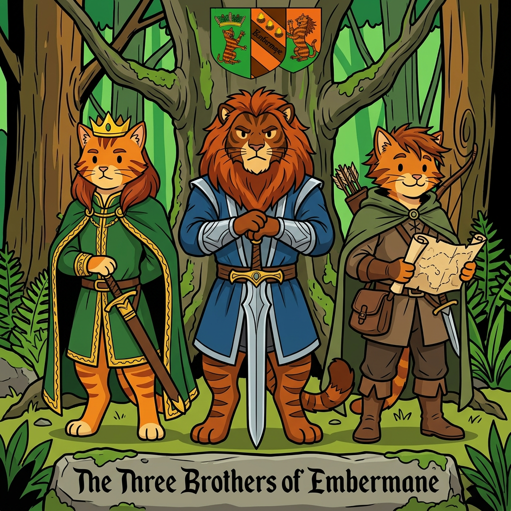 AI Design for Assuming we're talking about the **Three Brothers** who shaped the future of House Embermane—**Jonathan, Henry, and Walphazar Embermane**—I'd make them look like they clearly belong to the same family as Sir Embermane the Great, but each represents a different path.
All in the same style:
* Bold line art
* Dot eyes
* Minimal shading
* Simple coloring
* Storybook proportions
* Family resemblance visible immediately
---
# 👑 Jonathan Embermane
### The Noble Brother
Jonathan is the eldest.
When people see him, they immediately think:
> "That looks like a king."
### Appearance
* Orange tabby fur
* Red-brown cheek stripes
* Broad shoulders
* Tall but not as massive as Sir Embermane
### Hair
* Neatly groomed red-brown mane
* Shoulder length
* Well-maintained
### Clothing
🟢 Deep green royal cloak
🟡 Gold trim
👑 Simple crown
His clothes are elegant without being flashy.
### Expression
Calm.
Responsible.
The type of cat who thinks before speaking.
### Pose
Standing upright.
One paw resting on the hilt of a ceremonial sword.
The other behind his back.
Very formal.
Very regal.
---
# 🦅 Henry Embermane
### The Adventurer
Henry is the explorer.
The wanderer.
The brother who was always looking beyond the horizon.
### Appearance
* Slightly leaner build
* Athletic
* Tall
### Hair
* Messier mane
* Wind-swept look
* Slightly shorter than Jonathan's
### Clothing
🌲 Green travel cloak
🟤 Brown boots
🏹 Archer gear
🗺 Travel satchel
He looks ready to leave for an adventure at any moment.
### Expression
Friendly smile.
Curious eyes.
Always looks like he's thinking:
> "I wonder what's over that hill."
### Pose
Holding a rolled map.
One foot slightly forward.
As if he might start walking at any moment.
---
# 🔥 Walphazar Embermane
### The Ambitious Brother
Walphazar is the most intimidating.
Not evil.
But intense.
The brother who wanted more.
### Appearance
* Largest of the three brothers
* Broad chest
* Strong jaw
Almost approaching Sir Embermane's size.
### Hair
Huge ember-colored mane.
Much larger than his brothers'.
A symbol of pride and power.
### Clothing
blue silver
His clothing is more elaborate than Jonathan's.
He wants people to notice him.
### Expression
Serious.
Determined.
Confident.
The type of cat who enters a room and immediately takes control.
### Pose
Standing with both hands resting on a large sword.
Similar to Sir Embermane.
Showing that he admired the founder greatly.
### Impression
Readers should immediately think:
> "This is the brother who changed everything."
---
# 🖼️ The Three Brothers Portrait
The coolest image might actually be all three together.
Jonathan on the left.
Henry on the right.
Walphazar in the center.
All wearing different variations of Embermane colors:
🔴 Red-brown
🟡 Gold
Behind them hangs the Embermane banner.
Beneath them:
**The Three Brothers of Embermane**
The image should feel important because these three are the reason the family history became so complicated in the first place. Their choices shaped everything that happens generations later—including Jasper's story. 📖👑🔥🏹🐱 jasper is the cat in the prompt bar but dont include him just replicate the art syle cats not lions CATS TABBY ORANGE BROWN KITTENS