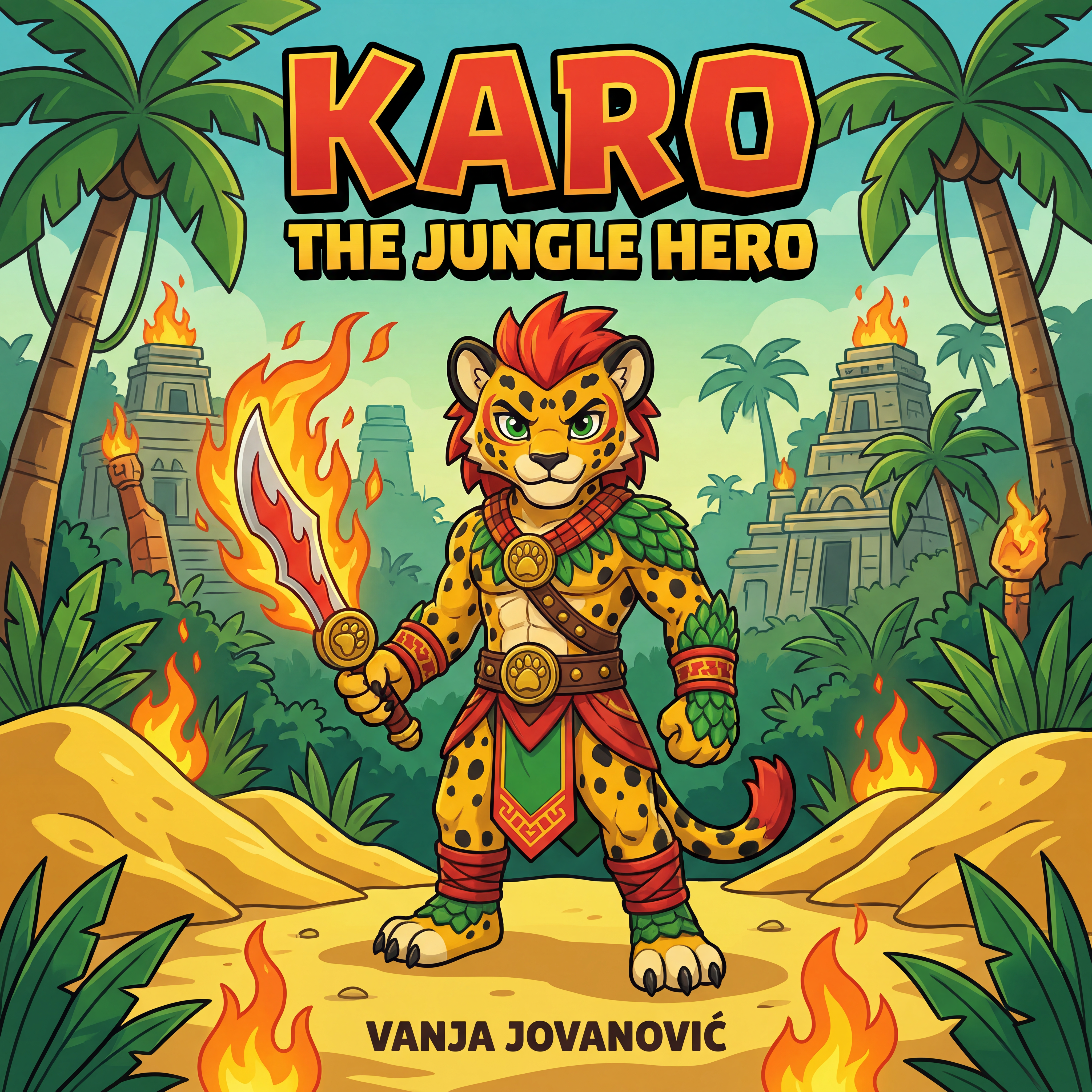 AI Design for book cover not to realisitc named karo the jungle hero name of author Vanja Jovanović and in the same cartoony art stzle like a dogman book or mario promo art art style with a jungle backdrop temples palm trees fire and karo is holding the fire sabre on the image also yellow bits like sand cool
