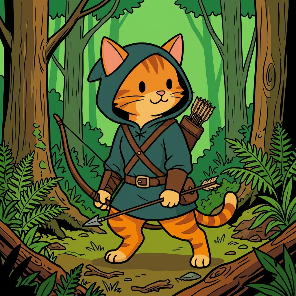 AI Design for cat in the promptbar is not a lion nor tiger just an inpiration for cats colours the cat description is the promptbar cats distant predcessors so use him as inspo .
same art syle speceies different height pose gender 🌲 Bramble Embermane
Colors:
of clothes
Dark teal
Brown
Reason:
Outdoorsy and adventurous.
dot eyes minimal shading simple colours middle ages and dot eyes.
