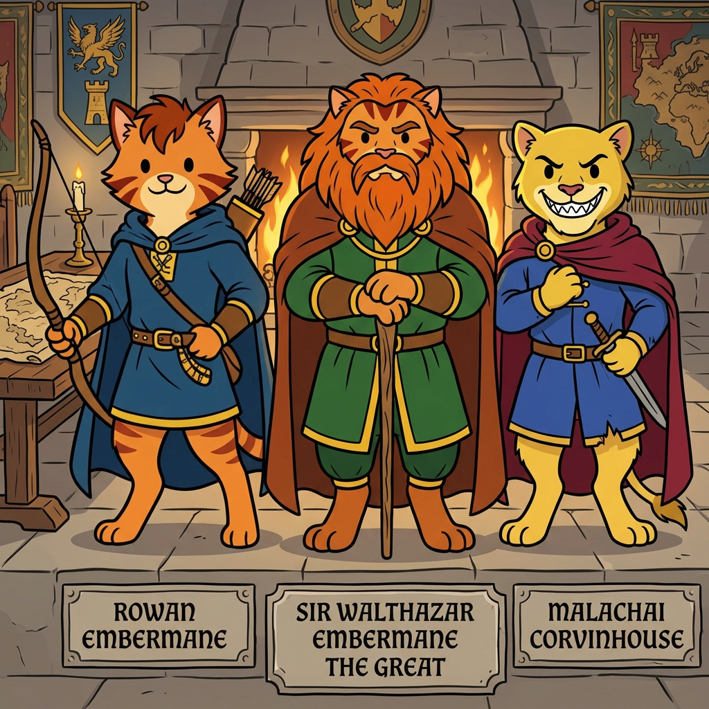 AI Design for the yellow cat does not have a maine and sir embermane the great sould not be in this photo put the charachters in a middle age room with walthazar in the middle and the boys like their sons and yellow cat has dot eyes like everyone else and has an evil grin
