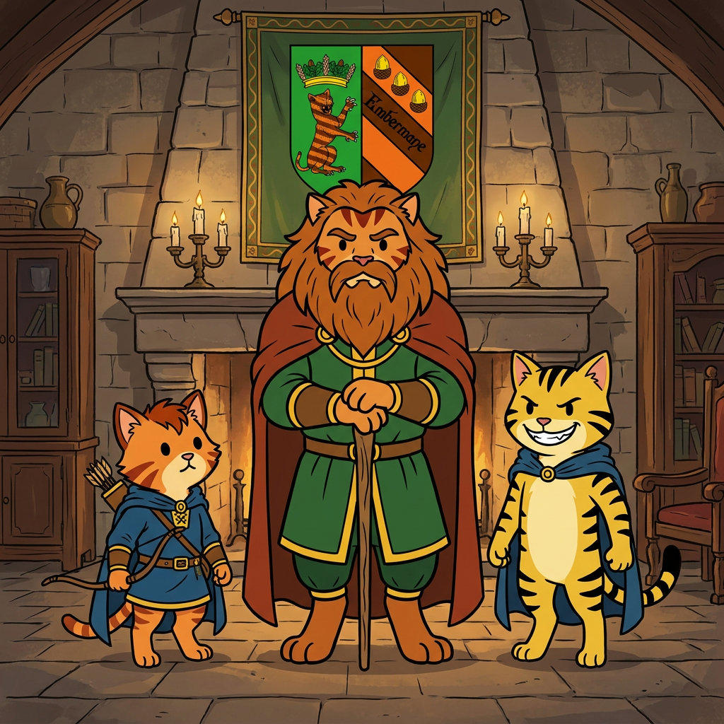 AI Design for the yellow cat does not have a maine and sir embermane the great sould not be in this photo put the charachters in a middle age room with walthazar in the middle and the boys like their sons and yellow cat has dot eyes like everyone else and has an evil grin no text the yellow cat IS NOT A LION and this should be a family photo with them only and this is their coat of arms in background