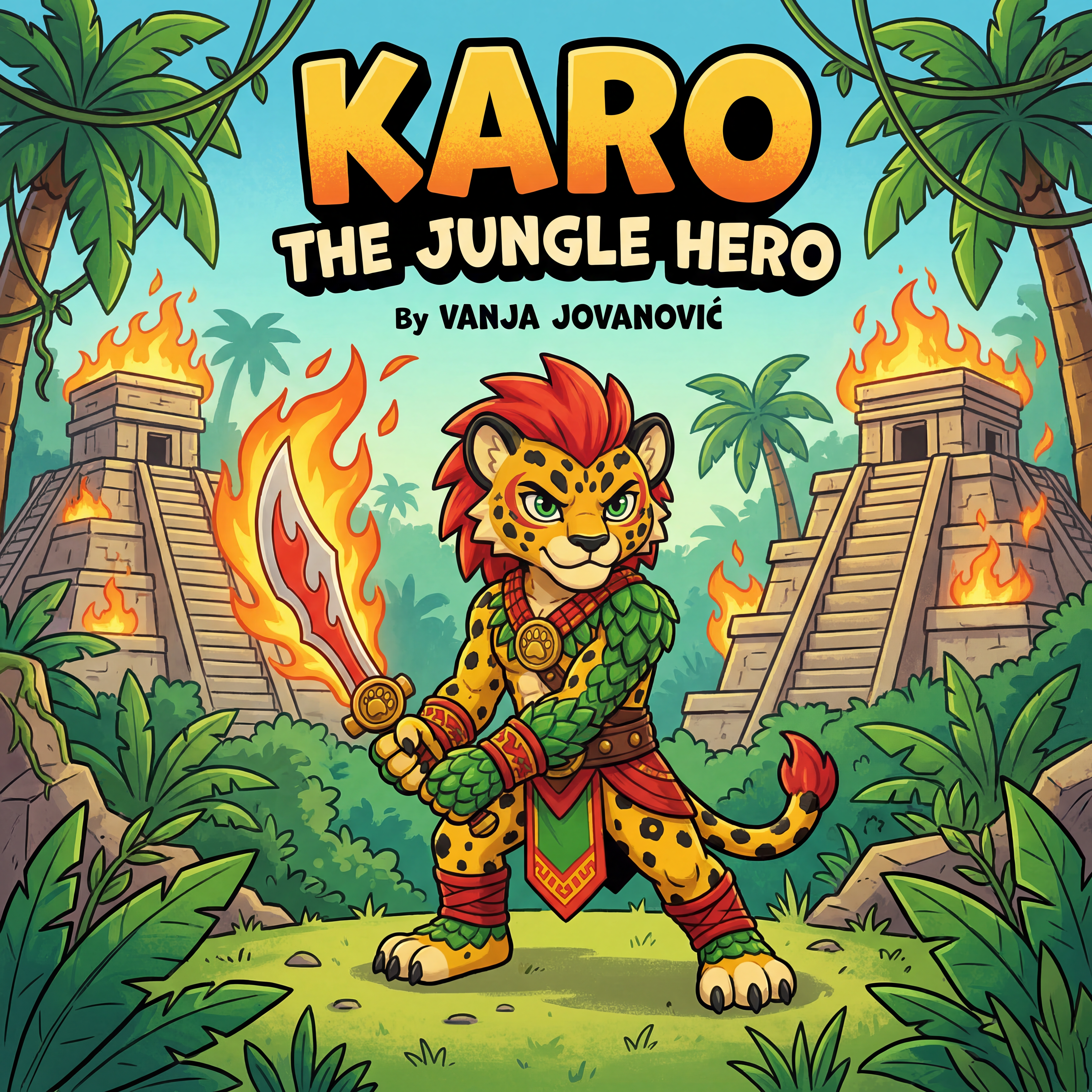 AI Design for book cover not to realisitc named karo the jungle hero name of author Vanja Jovanović and in the same cartoony art stzle like a dogman book or mario promo art art style with a jungle backdrop temples palm trees fire and karo is holding the fire sabre on the image
