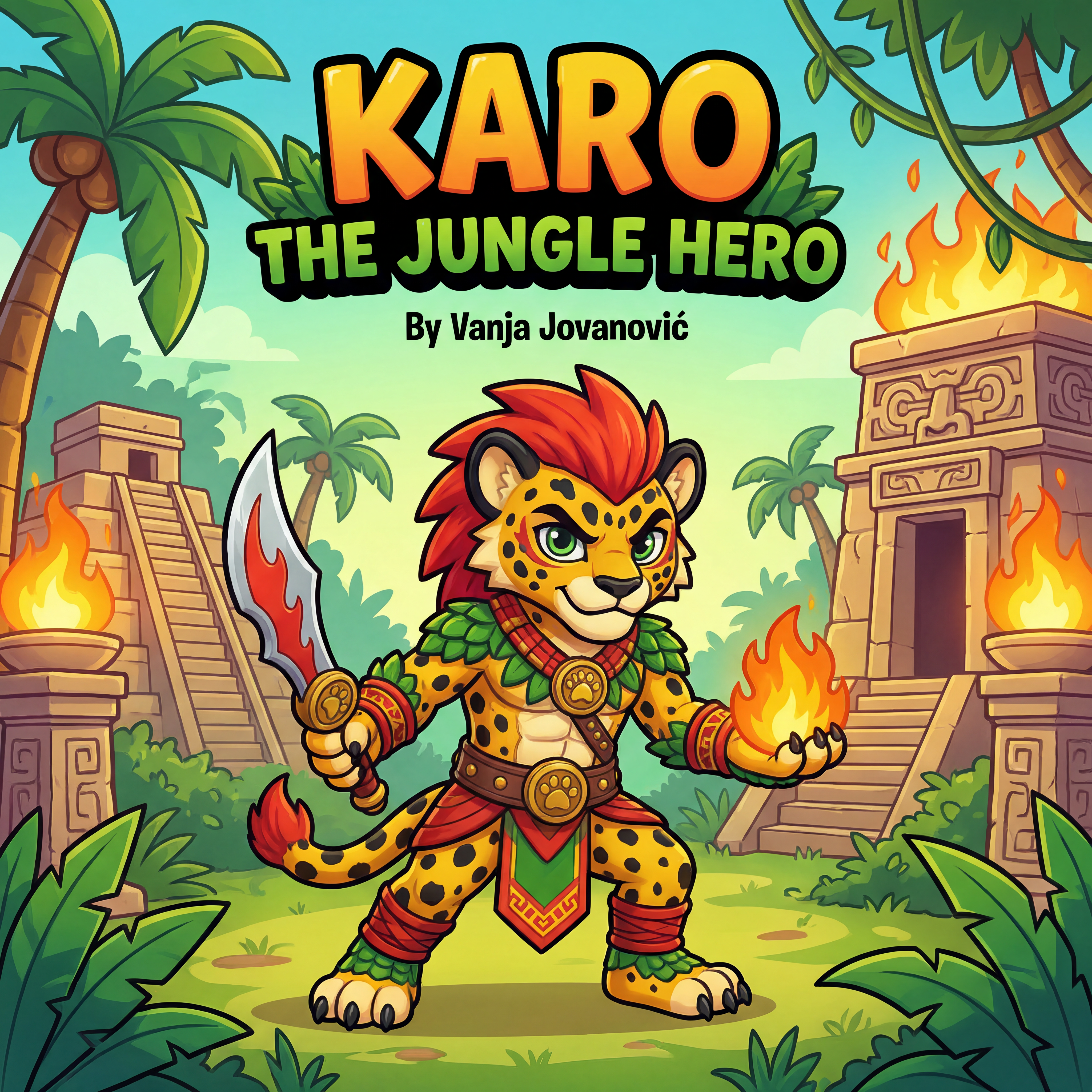 AI Design for book cover not to realisitc named karo the jungle hero name of author Vanja Jovanović and in the same cartoony art stzle like a dogman book or mario promo art art style with a jungle backdrop temples palm trees fire and karo is holding the fire sabre on the image
