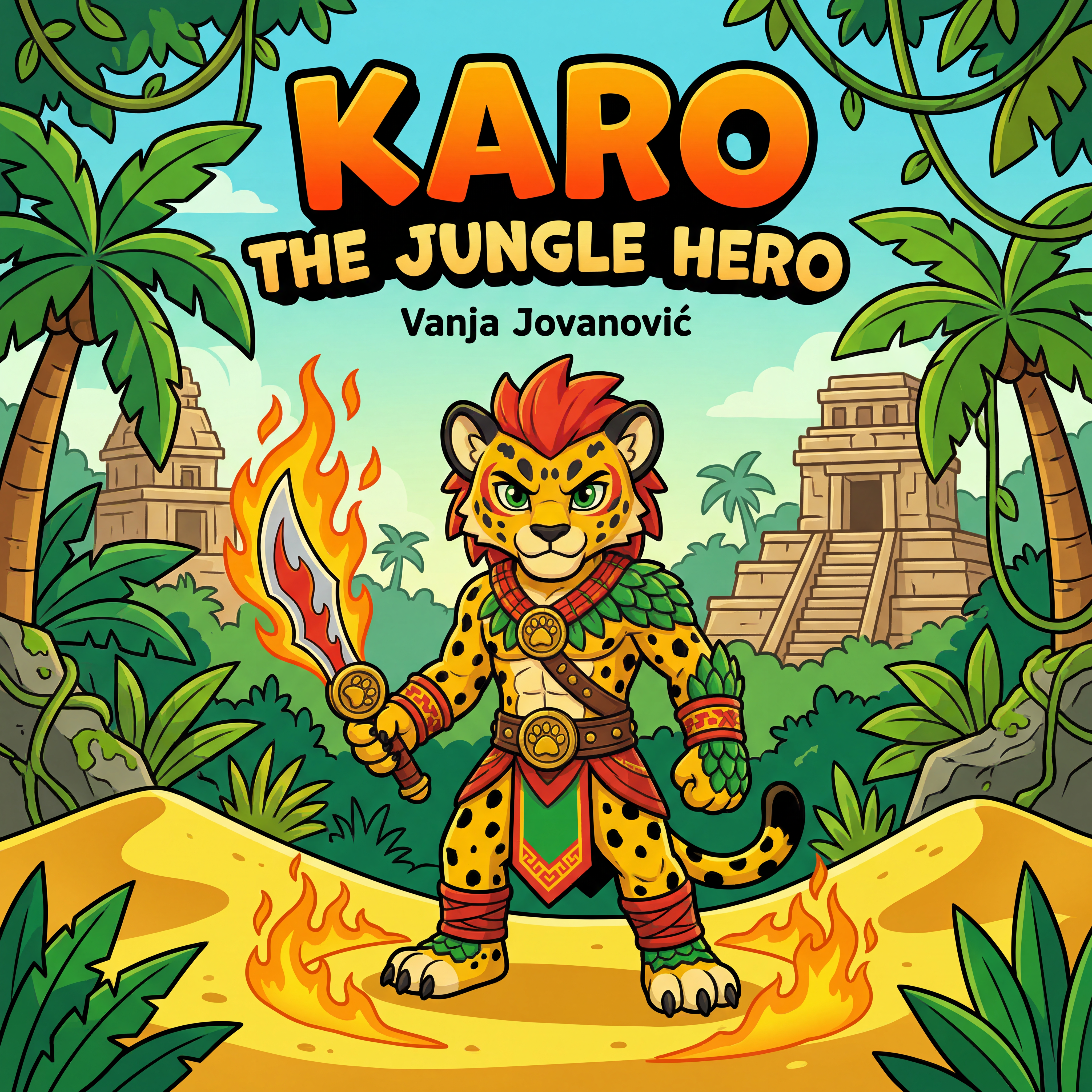 AI Design for book cover not to realisitc named karo the jungle hero name of author Vanja Jovanović and in the same cartoony art stzle like a dogman book or mario promo art art style with a jungle backdrop temples palm trees fire and karo is holding the fire sabre on the image also yellow bits like sand cool