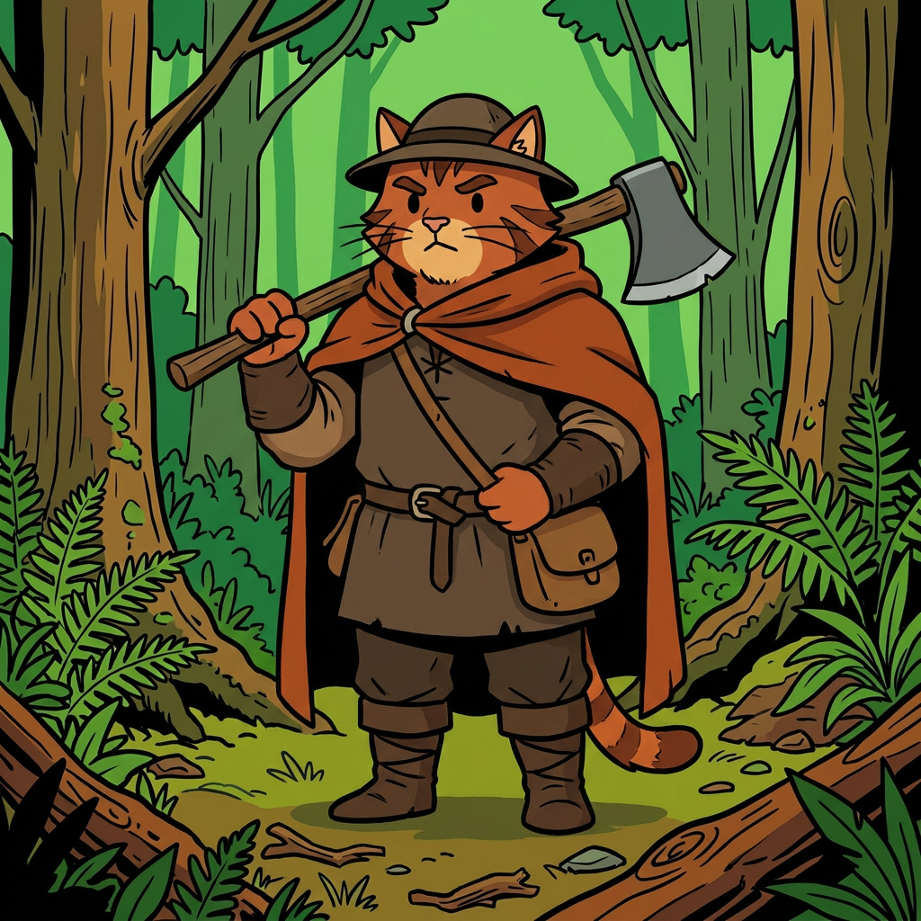 AI Design for cat in the promptbar is not a lion nor tiger just an inpiration for cats colours the cat description is the promptbar cats distant predcessors so use him as inspo .
same art syle speceies different height pose gender japer is the orange cat in prombar 🐱 Jasper's Father
Colors:
od clothes+
Rust orange
Dark brown
Reason:
A hardworking, practical Embermane.
Reason:
Outdoorsy and adventurous.
dot eyes minimal shading simple colours middle ages and dot eyes.