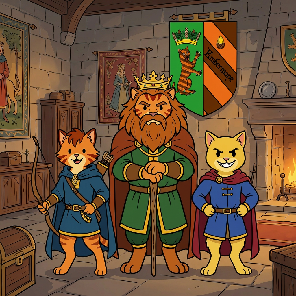 AI Design for the yellow cat does not have a maine and sir embermane the great sould not be in this photo put the charachters in a middle age room with walthazar in the middle and the boys like their sons and yellow cat has dot eyes like everyone else and has an evil grin no text the yellow cat IS NOT A LION and this should be a family photo with them only and this is their coat of arms in background this coat of arms