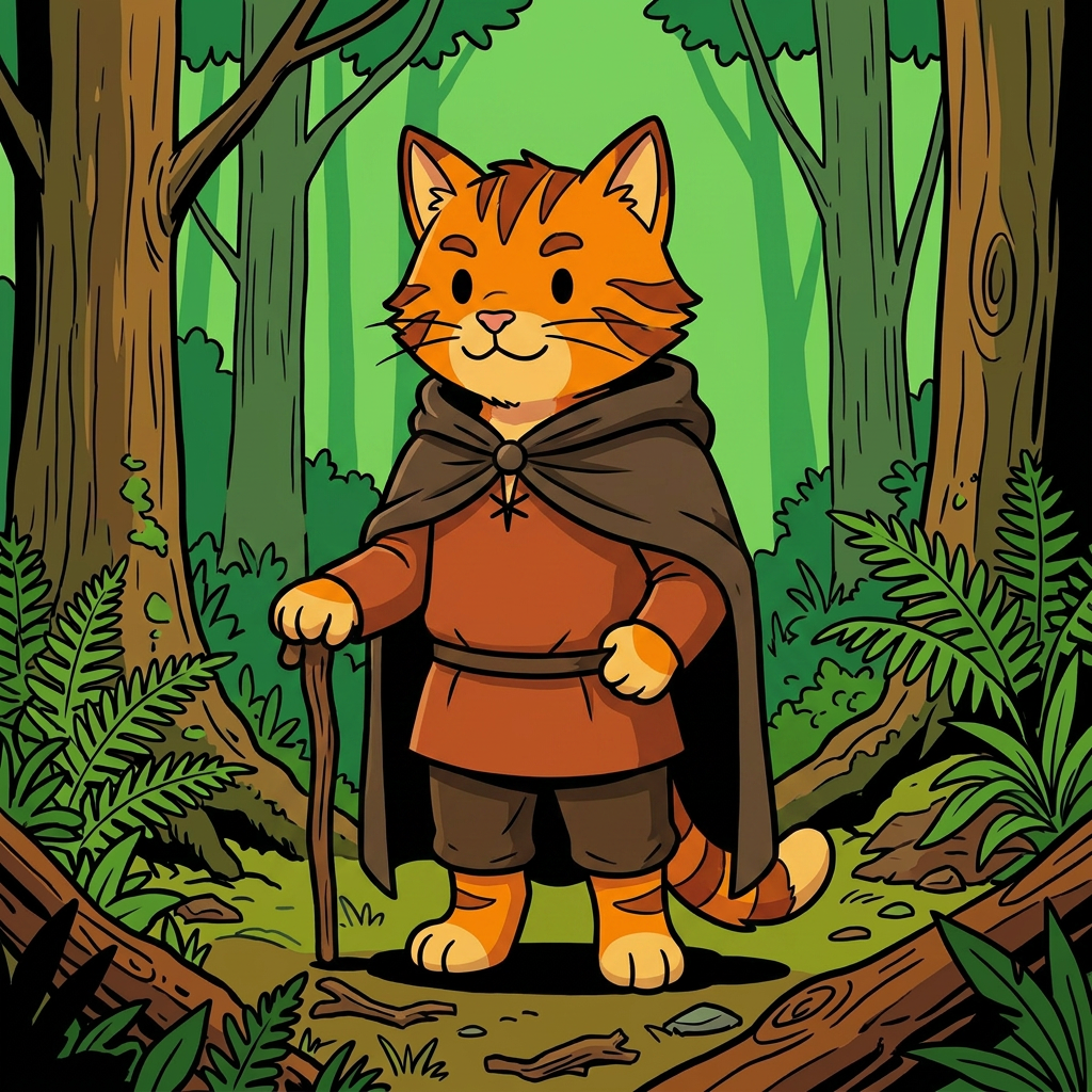 AI Design for cat in the promptbar is not a lion nor tiger just an inpiration for cats colours the cat description is the promptbar cats distant predcessors so use him as inspo .
same art syle speceies different height pose gender japer is the orange cat in prombar 🐱 Jasper's Father
he is orange with brownish red .
Colors:
od clothes+
Rust orange
Dark brown
Reason:
A hardworking, practical Embermane.
Reason:
Outdoorsy and adventurous.
dot eyes minimal shading simple colours middle ages and dot eyes.
