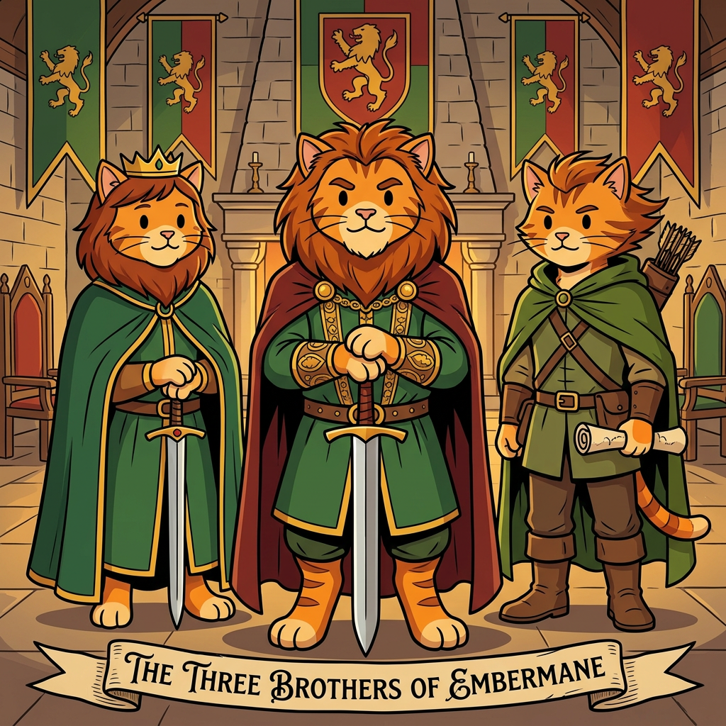 AI Design for Assuming we're talking about the **Three Brothers** who shaped the future of House Embermane—**Jonathan, Henry, and Walphazar Embermane**—I'd make them look like they clearly belong to the same family as Sir Embermane the Great, but each represents a different path.
All in the same style:
* Bold line art
* Dot eyes
* Minimal shading
* Simple coloring
* Storybook proportions
* Family resemblance visible immediately
---
# 👑 Jonathan Embermane
### The Noble Brother
Jonathan is the eldest.
When people see him, they immediately think:
> "That looks like a king."
### Appearance
* Orange tabby fur
* Red-brown cheek stripes
* Broad shoulders
* Tall but not as massive as Sir Embermane
### Hair
* Neatly groomed red-brown mane
* Shoulder length
* Well-maintained
### Clothing
🟢 Deep green royal cloak
🟡 Gold trim
👑 Simple crown
His clothes are elegant without being flashy.
### Expression
Calm.
Responsible.
The type of cat who thinks before speaking.
### Pose
Standing upright.
One paw resting on the hilt of a ceremonial sword.
The other behind his back.
Very formal.
Very regal.
---
# 🦅 Henry Embermane
### The Adventurer
Henry is the explorer.
The wanderer.
The brother who was always looking beyond the horizon.
### Appearance
* Slightly leaner build
* Athletic
* Tall
### Hair
* Messier mane
* Wind-swept look
* Slightly shorter than Jonathan's
### Clothing
🌲 Green travel cloak
🟤 Brown boots
🏹 Archer gear
🗺 Travel satchel
He looks ready to leave for an adventure at any moment.
### Expression
Friendly smile.
Curious eyes.
Always looks like he's thinking:
> "I wonder what's over that hill."
### Pose
Holding a rolled map.
One foot slightly forward.
As if he might start walking at any moment.
---
# 🔥 Walphazar Embermane
### The Ambitious Brother
Walphazar is the most intimidating.
Not evil.
But intense.
The brother who wanted more.
### Appearance
* Largest of the three brothers
* Broad chest
* Strong jaw
Almost approaching Sir Embermane's size.
### Hair
Huge ember-colored mane.
Much larger than his brothers'.
A symbol of pride and power.
### Clothing
🔴 Dark red royal cape
🟢 Green royal tunic
🟡 Heavy gold decorations
His clothing is more elaborate than Jonathan's.
He wants people to notice him.
### Expression
Serious.
Determined.
Confident.
The type of cat who enters a room and immediately takes control.
### Pose
Standing with both hands resting on a large sword.
Similar to Sir Embermane.
Showing that he admired the founder greatly.
### Impression
Readers should immediately think:
> "This is the brother who changed everything."
---
# 🖼️ The Three Brothers Portrait
The coolest image might actually be all three together.
Jonathan on the left.
Henry on the right.
Walphazar in the center.
All wearing different variations of Embermane colors:
🟢 Green
🔴 Red-brown
🟡 Gold
Behind them hangs the Embermane banner.
Beneath them:
**The Three Brothers of Embermane**
The image should feel important because these three are the reason the family history became so complicated in the first place. Their choices shaped everything that happens generations later—including Jasper's story. 📖👑🔥🏹🐱 jasper is the cat in the prompt bar