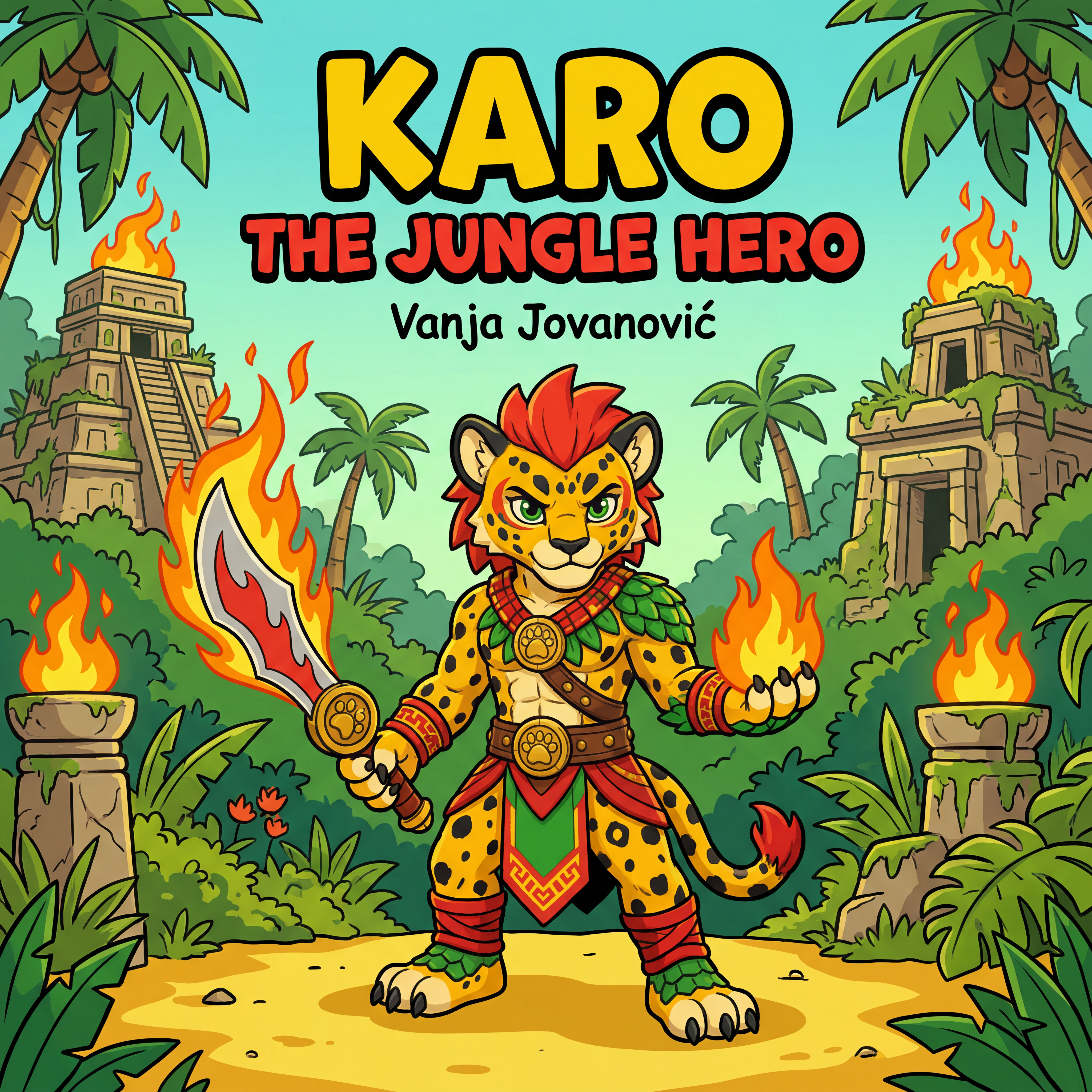 AI Design for book cover not to realisitc named karo the jungle hero name of author Vanja Jovanović and in the same cartoony art stzle like a dogman book or mario promo art art style with a jungle backdrop temples palm trees fire and karo is holding the fire sabre on the image also yellow bits like sand cool