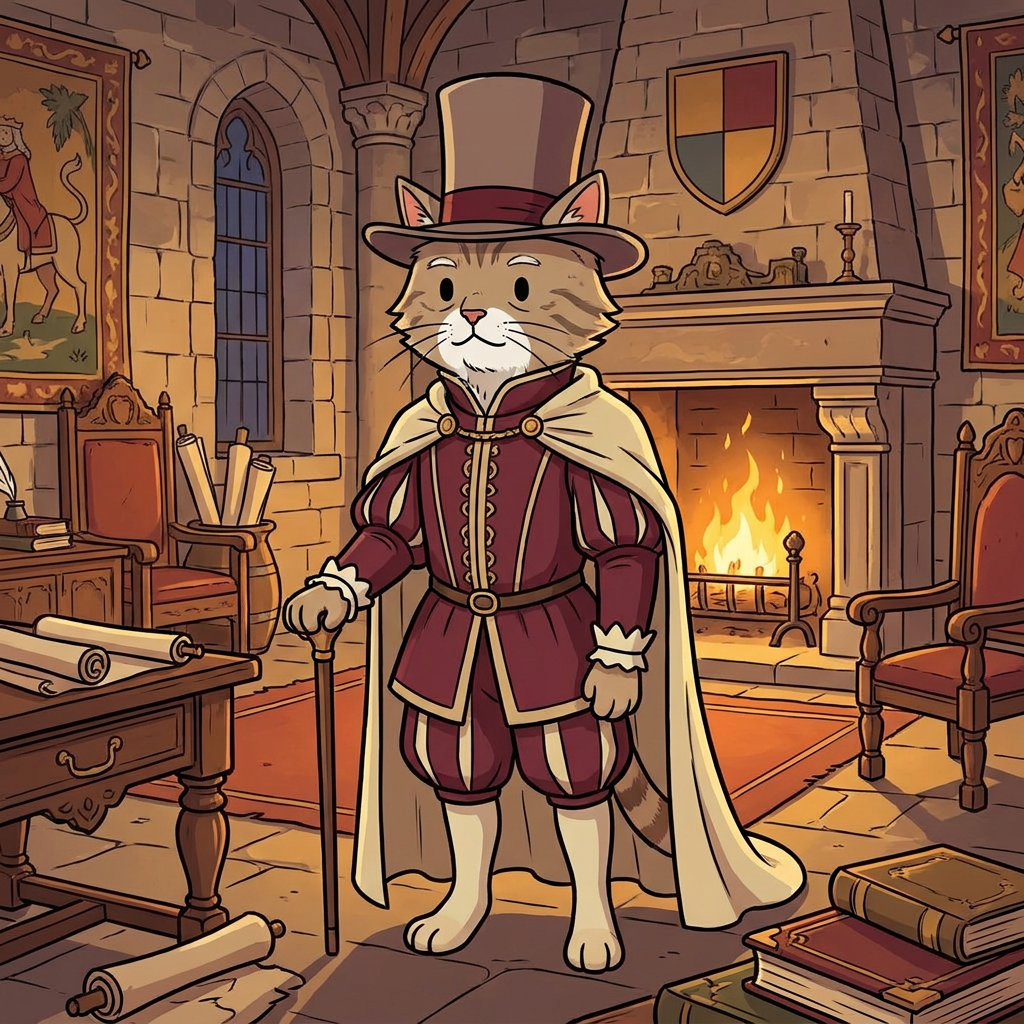 AI Design for cat in the promptbar is not a lion nor tiger just an inpiration for cats colours the cat description is the promptbar cats distant predcessors so use him as inspo .
🐱 Cedric Embermane
Colors:
clothes middle ages
Burgundy
Cream
Reason:
Warm, dependable, family-oriented. old wears a top hat dot eyes same style different clothes and is in a castle room TALL DUDE