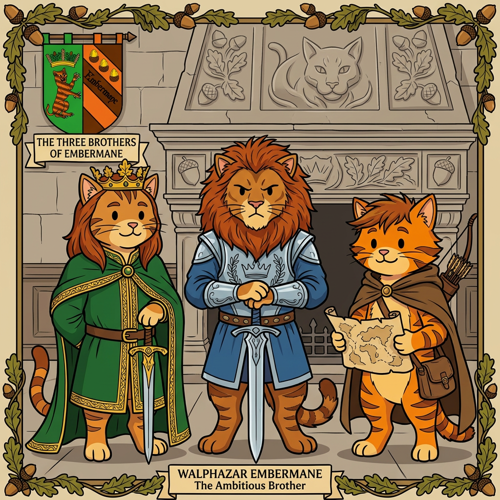 AI Design for Assuming we're talking about the **Three Brothers** who shaped the future of House Embermane—**Jonathan, Henry, and Walphazar Embermane**—I'd make them look like they clearly belong to the same family as Sir Embermane the Great, but each represents a different path.
All in the same style:
* Bold line art
* Dot eyes
* Minimal shading
* Simple coloring
* Storybook proportions
* Family resemblance visible immediately
---
# 👑 Jonathan Embermane
### The Noble Brother
Jonathan is the eldest.
When people see him, they immediately think:
> "That looks like a king."
### Appearance
* Orange tabby fur
* Red-brown cheek stripes
* Broad shoulders
* Tall but not as massive as Sir Embermane
### Hair
* Neatly groomed red-brown mane
* Shoulder length
* Well-maintained
### Clothing
🟢 Deep green royal cloak
🟡 Gold trim
👑 Simple crown
His clothes are elegant without being flashy.
### Expression
Calm.
Responsible.
The type of cat who thinks before speaking.
### Pose
Standing upright.
One paw resting on the hilt of a ceremonial sword.
The other behind his back.
Very formal.
Very regal.
---
# 🦅 Henry Embermane
### The Adventurer
Henry is the explorer.
The wanderer.
The brother who was always looking beyond the horizon.
### Appearance
* Slightly leaner build
* Athletic
* Tall
### Hair
* Messier mane
* Wind-swept look
* Slightly shorter than Jonathan's
### Clothing
🌲 Green travel cloak
🟤 Brown boots
🏹 Archer gear
🗺 Travel satchel
He looks ready to leave for an adventure at any moment.
### Expression
Friendly smile.
Curious eyes.
Always looks like he's thinking:
> "I wonder what's over that hill."
### Pose
Holding a rolled map.
One foot slightly forward.
As if he might start walking at any moment.
---
# 🔥 Walphazar Embermane
### The Ambitious Brother
Walphazar is the most intimidating.
Not evil.
But intense.
The brother who wanted more.
### Appearance
* Largest of the three brothers
* Broad chest
* Strong jaw
Almost approaching Sir Embermane's size.
### Hair
Huge ember-colored mane.
Much larger than his brothers'.
A symbol of pride and power.
### Clothing
blue silver
His clothing is more elaborate than Jonathan's.
He wants people to notice him.
### Expression
Serious.
Determined.
Confident.
The type of cat who enters a room and immediately takes control.
### Pose
Standing with both hands resting on a large sword.
Similar to Sir Embermane.
Showing that he admired the founder greatly.
### Impression
Readers should immediately think:
> "This is the brother who changed everything."
---
# 🖼️ The Three Brothers Portrait
The coolest image might actually be all three together.
Jonathan on the left.
Henry on the right.
Walphazar in the center.
All wearing different variations of Embermane colors:
🔴 Red-brown
🟡 Gold
Behind them hangs the Embermane banner.
Beneath them:
**The Three Brothers of Embermane**
The image should feel important because these three are the reason the family history became so complicated in the first place. Their choices shaped everything that happens generations later—including Jasper's story. 📖👑🔥🏹🐱 jasper is the cat in the prompt bar but dont include him just replicate the art syle cats not lions CATS TABBY ORANGE BROWN KITTENS