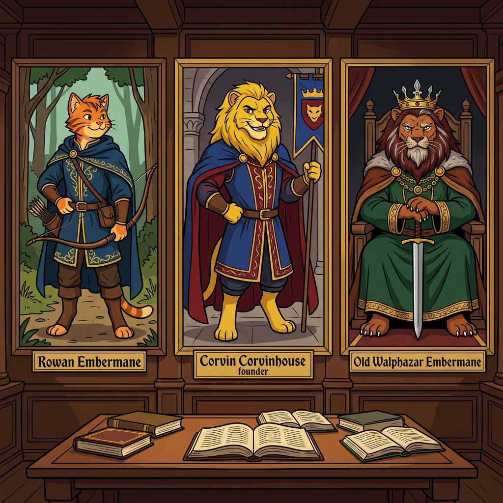 AI Design for in same art syle Perfect. You're starting to build the *** that Jasper would see in the Embermane library.
---
# 🏹 Rowan Embermane
### The Legendary Archer
If Sir Embermane the Great is the founder and Walphazar is the powerful ruler, then **Rowan is the hero children dream about becoming.**
He's the ancestor Jasper becomes obsessed with.
The one whose stories he reads over and over.
---
## Appearance
Like the other Embermanes:
🐱 Orange tabby fur
🔥 Red-brown cheek stripes
🔥 Red-brown ear tips
🔥 Red-brown mane-like hair
The family resemblance should be obvious.
When Jasper looks at the portrait, readers should immediately notice:
> "He looks like Jasper."
---
## Build
Not enormous.
Not a kingly giant.
More athletic.
Lean.
Fast.
Built for traveling and archery.
The sort of cat who spends more time on roads and forest paths than in castles.
---
## Clothing
His iconic colors:
🔵 Deep blue
🟡 Gold
A beautiful archer outfit.
Blue tunic.
Gold trim.
Blue cloak.
Leather archery gear.
Gold embroidery around the edges.
Elegant but practical.
---
## Equipment
🏹 Longbow
His most important item.
The bow should be instantly recognizable.
Not oversized.
Not magical-looking.
Just a beautifully crafted bow used by a legendary archer.
A quiver rests at his side.
---
## Expression
A warm smile.
Confident.
Friendly.
The kind of hero people genuinely liked.
Not intimidating.
Not overly serious.
---
## Pose
One hand resting on his bow.
The other on his belt.
Standing proudly.
Looking slightly toward the horizon.
Almost like he's already thinking about his next adventure.
---
## Reader Impression
When Jasper first sees the portrait:
> "That's him."
Not a king.
Not a ruler.
An adventurer.
A hero.
Exactly the kind of cat Jasper wants to become.
---
# 👑 Corvin Corvinhouse
### Founder of House Corvinhouse
The ancestor from whom the Corvinhouse family takes its name.
The equivalent of Sir Embermane for the Corvinhouses.
---
## Appearance
🐱 Golden-yellow fur
👁️ Dark red eyes
A large golden mane.
Strong jaw.
Confident smile.
---
## Clothing
🔵 Royal blue
🔴 Deep red
These become the traditional Corvinhouse colors.
His clothing should immediately establish the visual identity of the entire family.
Large cape.
Decorative tunic.
Royal appearance.
---
## Build
Tall.
Broad.
Powerful.
Not quite as huge as Sir Embermane the Great.
But still impressive.
---
## Expression
A mischievous grin.
The classic Corvinhouse smile.
Almost like:
> "I know something you don't."
A trait that later appears in Tristan.
---
## Pose
One hand on his hip.
The other holding a royal banner.
Relaxed confidence.
Unlike the stoic Embermanes.
---
# 👑 Old Walphazar Embermane
### The Veteran King
This portrait would be from later in his life.
Not young Walphazar.
The older version.
The king near the end of his reign.
---
## Appearance
Still massive.
Still intimidating.
But older.
His mane has become:
🔥 Dark red-brown
⚪ Streaks of silver
His beard is longer now.
Showing age and wisdom.
---
## Clothing
🟢 Deep green royal robes
🔴 Red-brown cape
🟡 Heavy gold details
The richest Embermane clothing seen so far.
---
## Crown
Larger than the one he wore when younger.
Still elegant.
Still Embermane.
But clearly the crown of a ruler who has worn it for decades.
---
## Expression
This is the important part.
Not anger.
Not arrogance.
Experience.
The expression of someone who has:
* Won victories
* Made mistakes
* Lost friends
* Ruled a kingdom
A ruler carrying the weight of history.
---
## Pose
Seated upon a throne.
Both paws resting on the pommel of a sword.
The sword standing upright before him.
Very similar to Sir Embermane the Great.
Showing that even after all those years, Walphazar still wanted to live up to the founder's legacy.
---
Together, these three portraits would look fantastic in the Embermane library:
🏹 **Rowan Embermane** — the hero.
👑 **Corvin Corvinhouse** — the founder of a rival dynasty.
🔥 **Old Walphazar Embermane** — the king who shaped an era.
Each immediately recognizable from their silhouette, colors, and pose. 📖🏹👑🔥🐱 THEY ARE ALL CATS NOT LIONSSSSSSSSSSSSSSSSSSSSSSS