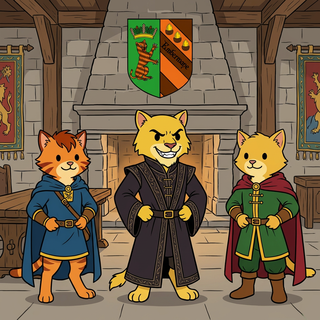 AI Design for the yellow cat does not have a maine and sir embermane the great sould not be in this photo put the charachters in a middle age room with walthazar in the middle and the boys like their sons and yellow cat has dot eyes like everyone else and has an evil grin no text the yellow cat IS NOT A LION and this should be a family photo with them only and this is their coat of arms in background