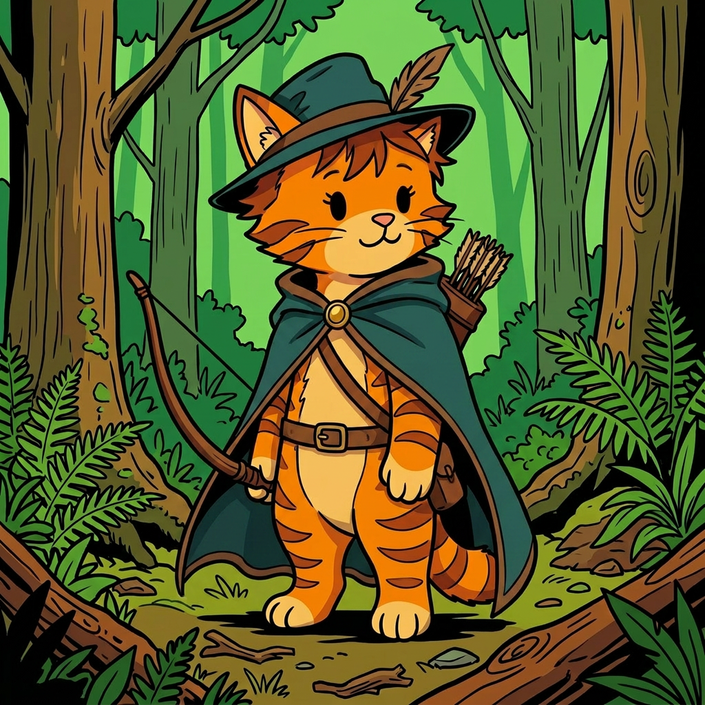 AI Design for cat in the promptbar is not a lion nor tiger just an inpiration for cats colours the cat description is the promptbar cats distant predcessors so use him as inspo .
same art syle speceies different height pose gender 🌲 Bramble Embermane
Colors:
of clothes
Dark teal
Brown
Reason:
Outdoorsy and adventurous.
dot eyes minimal shading simple colours middle ages and dot eyes.